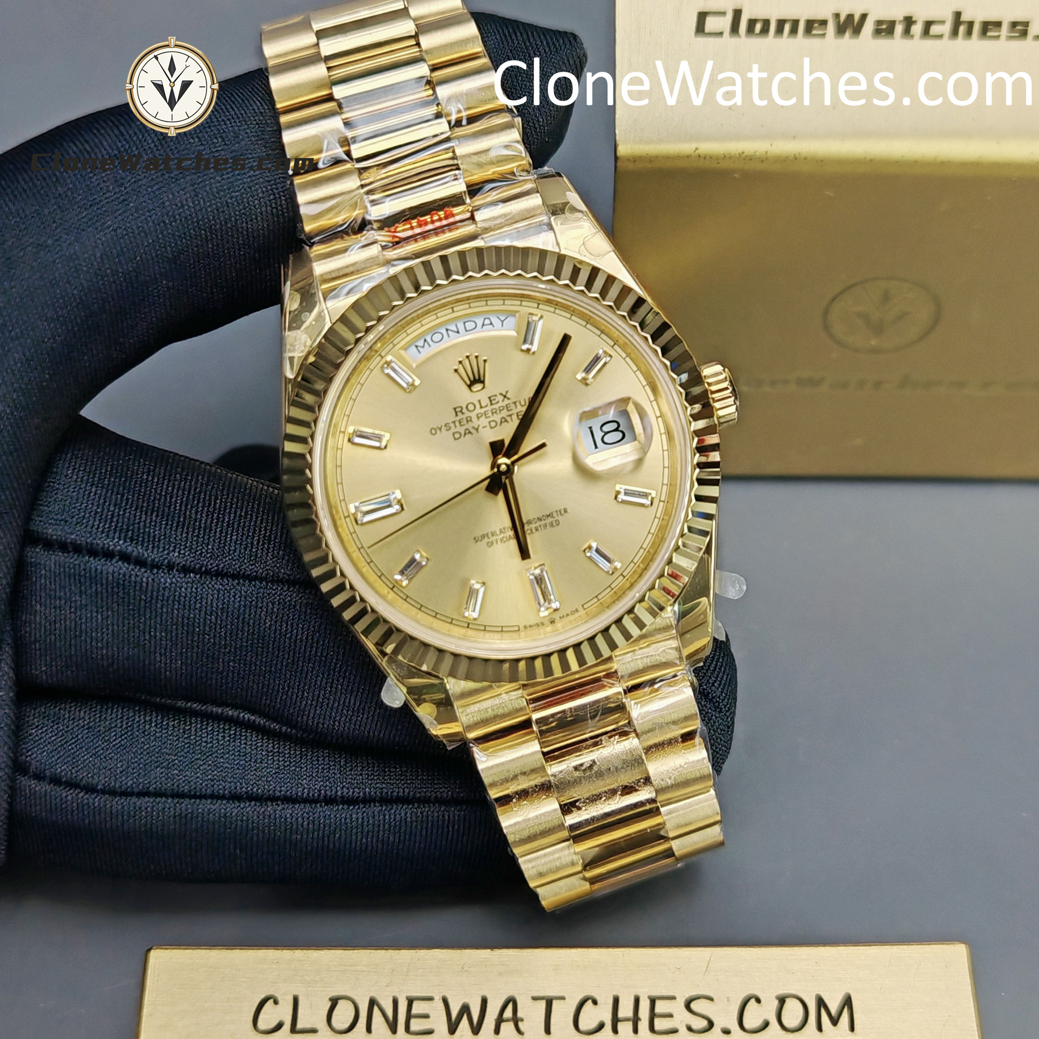 Rolex Super Clone Watches 1:1 Day Date 18K Gold Diamond Dial 40mm m228238-0005 3255 Movement
