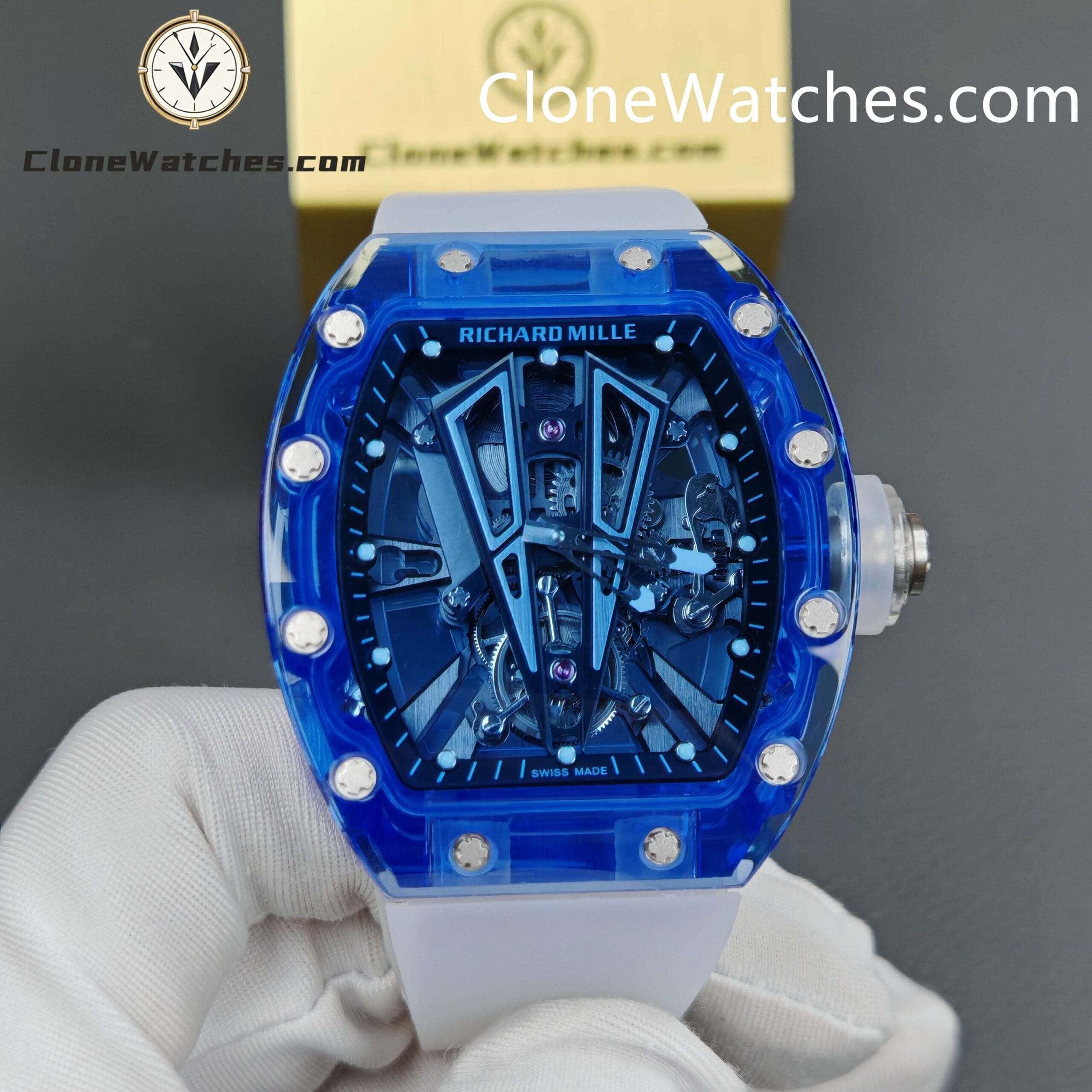 Richard Mille Super Clone Watches 1:1 RM 027 – 03 Blue Crystal Full Transparent Tourbillon White Strap