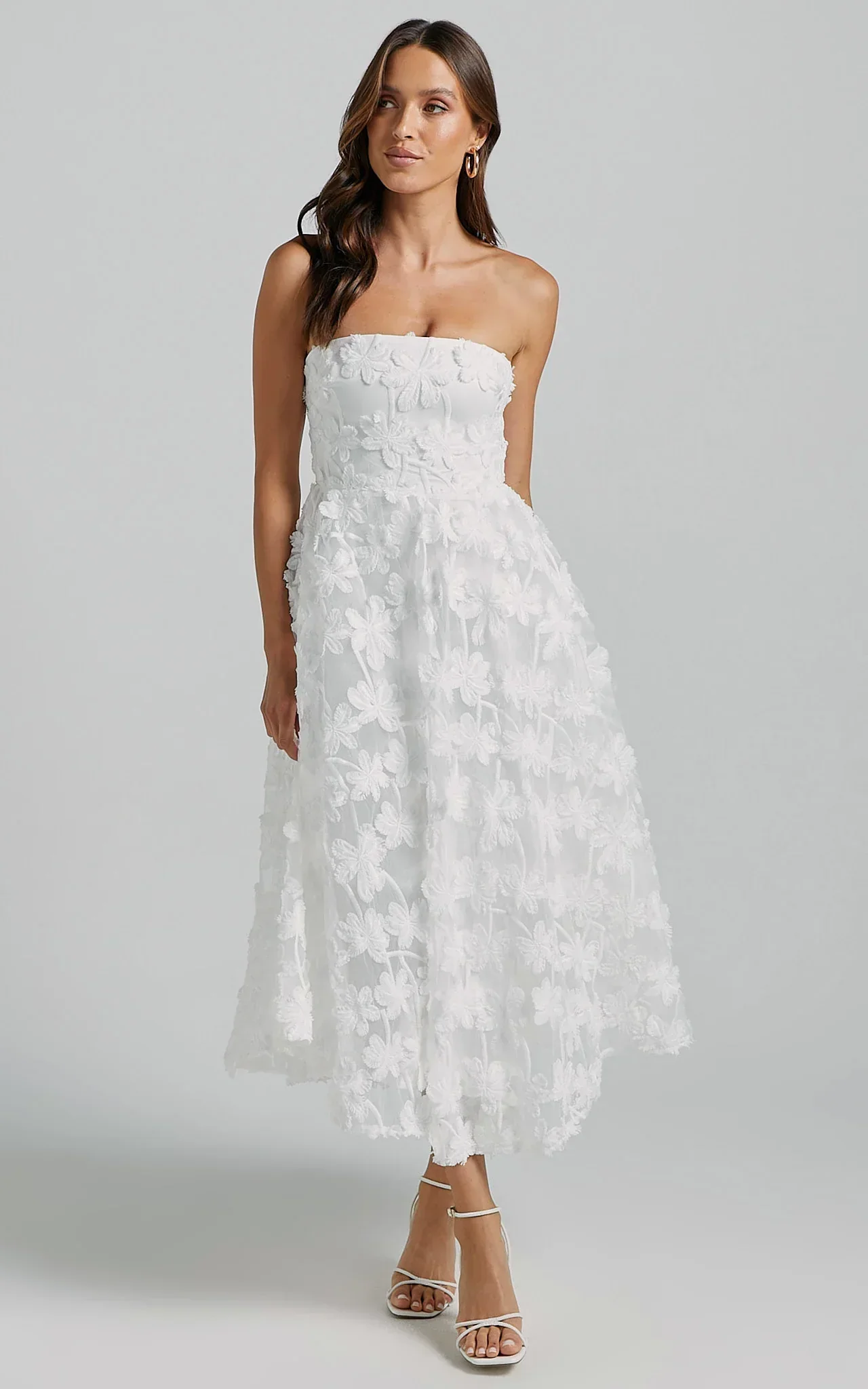 Rheiva Midi Dress - Strapless 3D Embroidery Midi Dress in White
