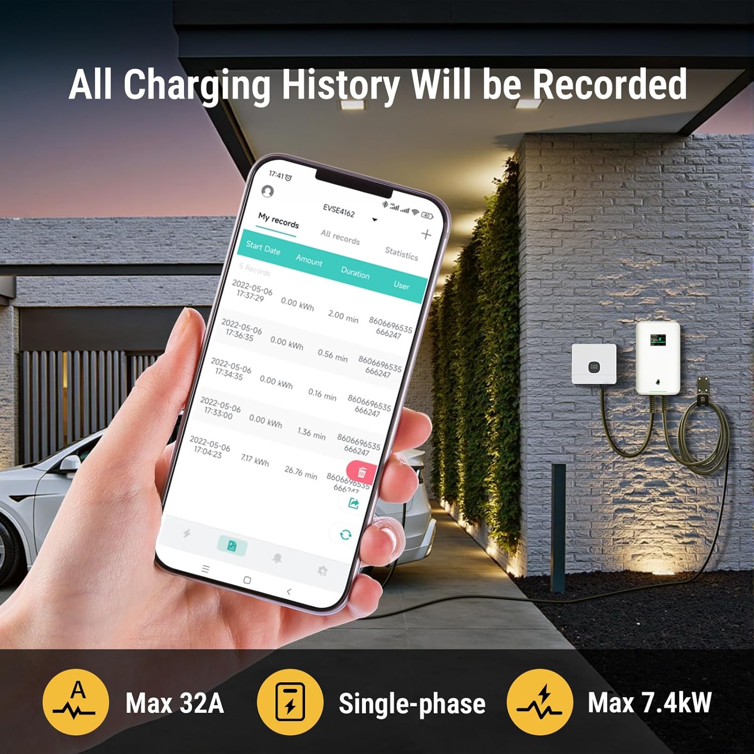 Chargeur EV type 2 32 A 7 kW câble 6 m connexion Bluetooth WiFi