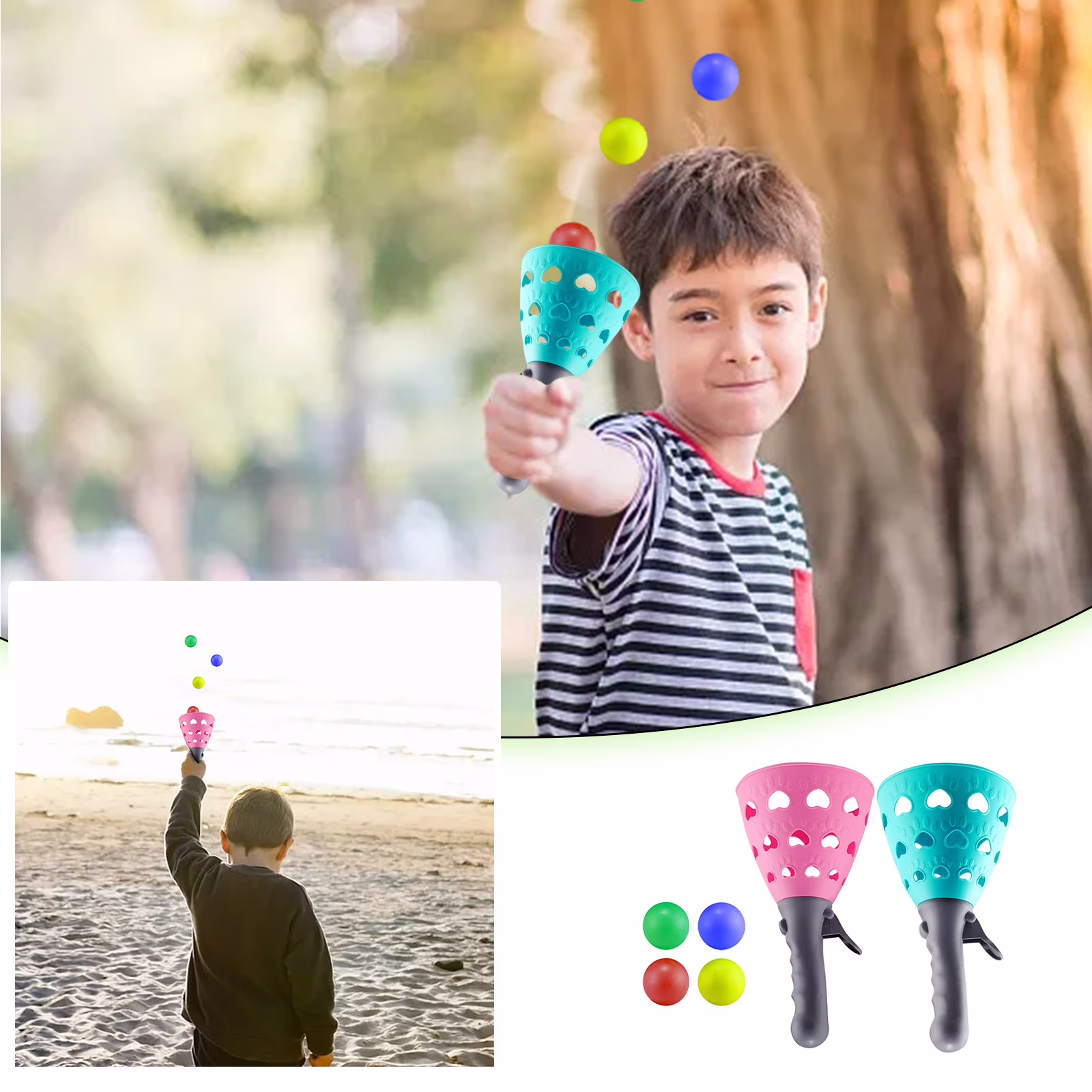 Pop and Catch Ball Game with 4 Balls and 2 Catch Launcher Baskets - Outdoor Indoor Game Activities, Easter Basket Stuffers Gifts Beach Sport Summer Beach Toys