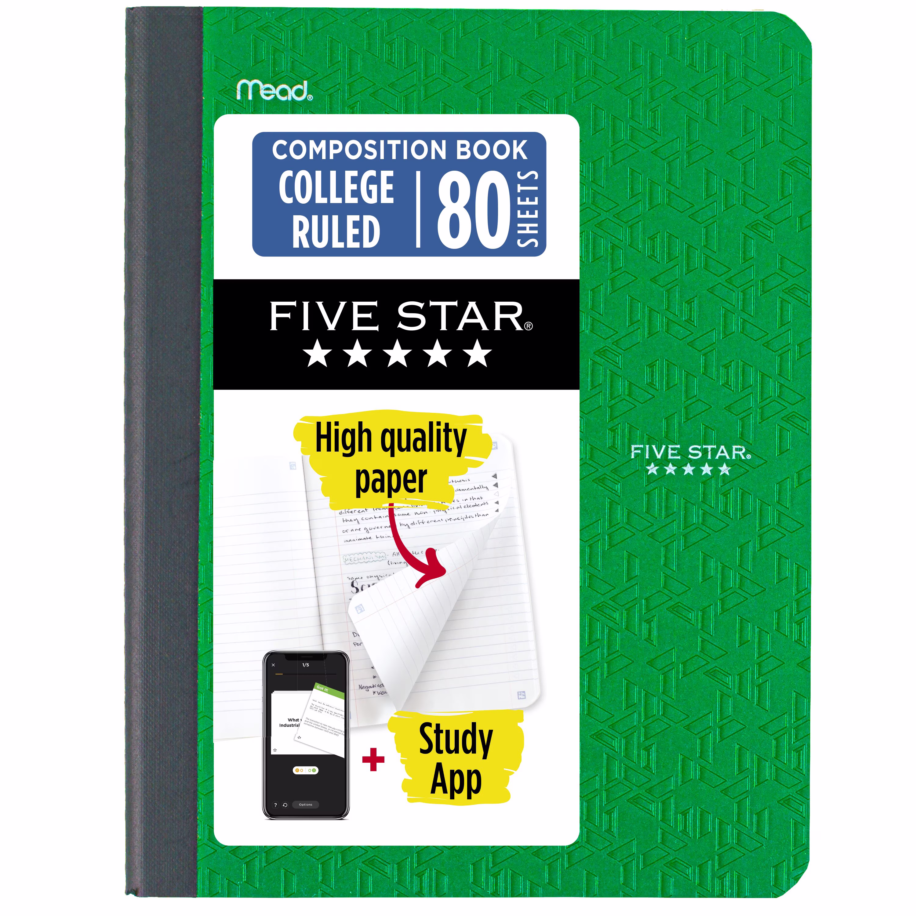 Five Star Composition Book Plus Study App, College Ruled, 80 Sheets, Poly, 7.5