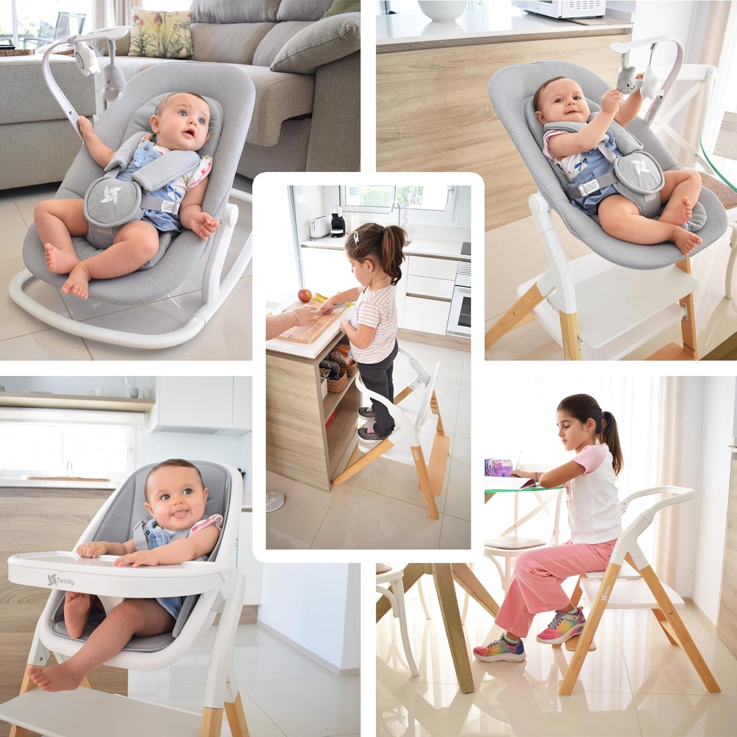 Chaise haute évolutive bébé 5 en 1 bois de hêtre plateau amovible