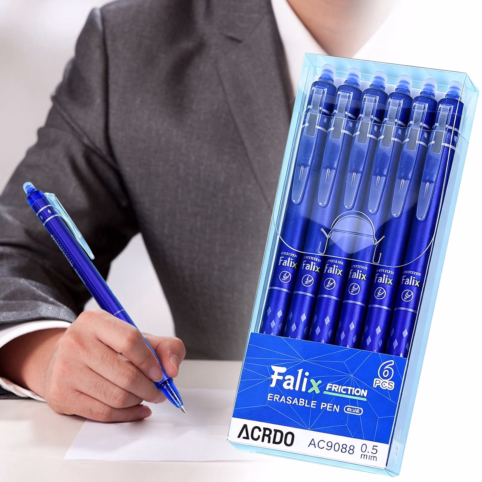 JUMNUYCUH 6Pcs Retractable Erasable Pens, 0.5mm Fine Point Blue Ink Gel Pens, Smooth Writing Pens for Drawing, Journaling and Note Taking, Make Mistakes Disappear, Office Classroom Supplies, Blue