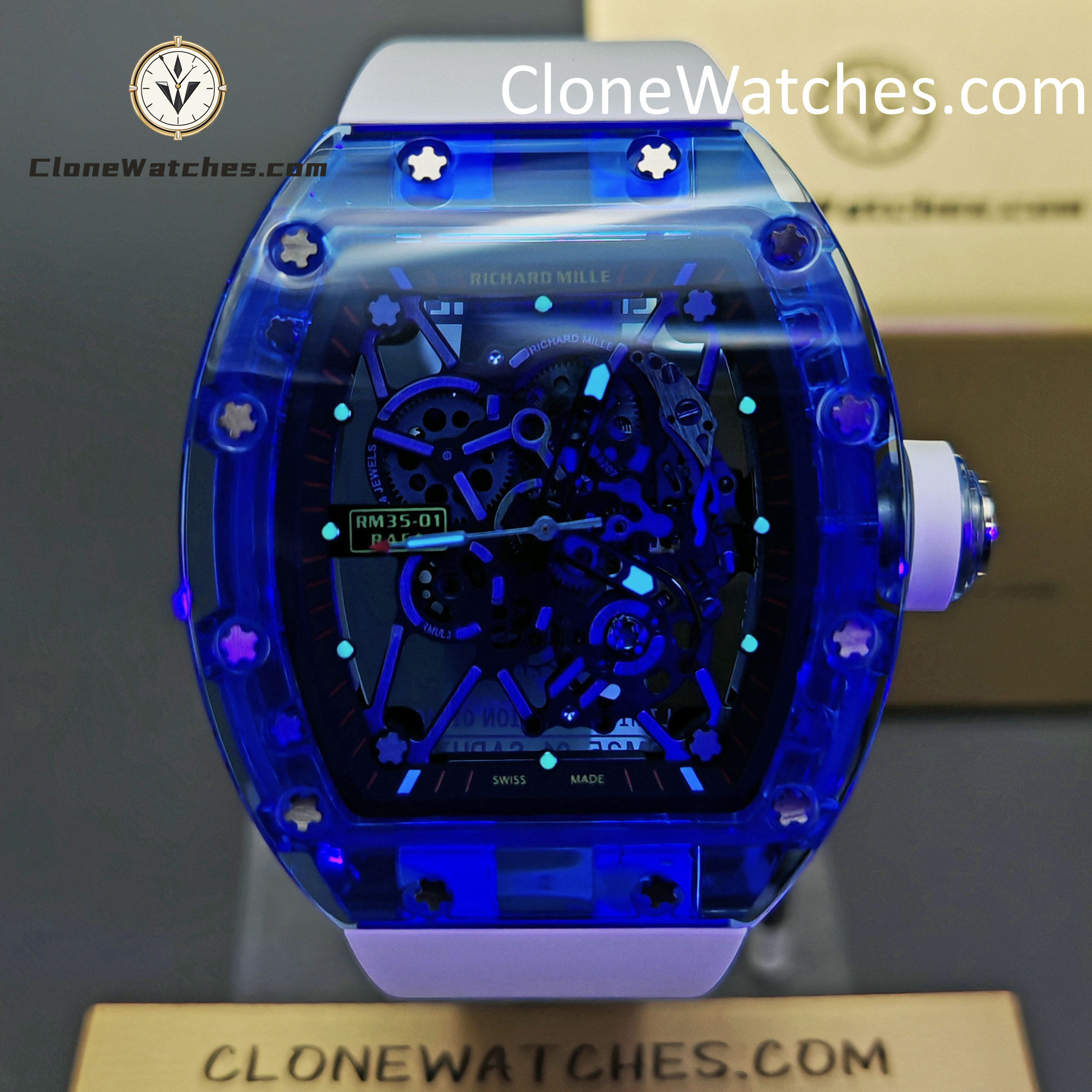 Richard Mille Super Clone Watches 1:1 RM 035 Blue Crystal Tourbillon Transparent Strap