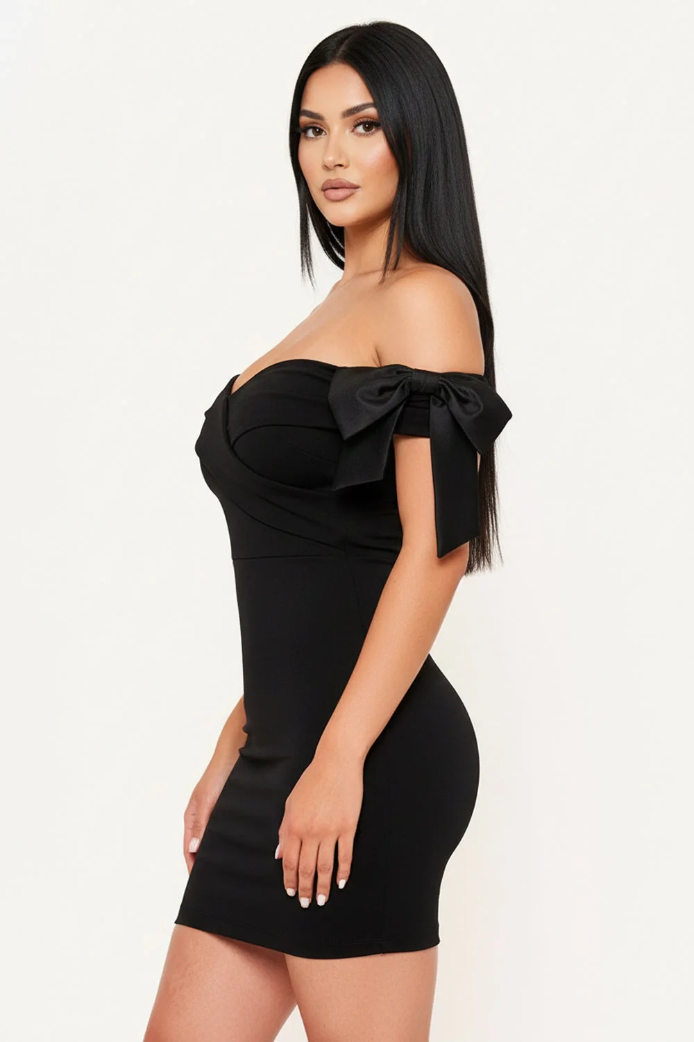 Symphony Dress - Satin Bow On Sleeve Off The Shoulder Mini Dress