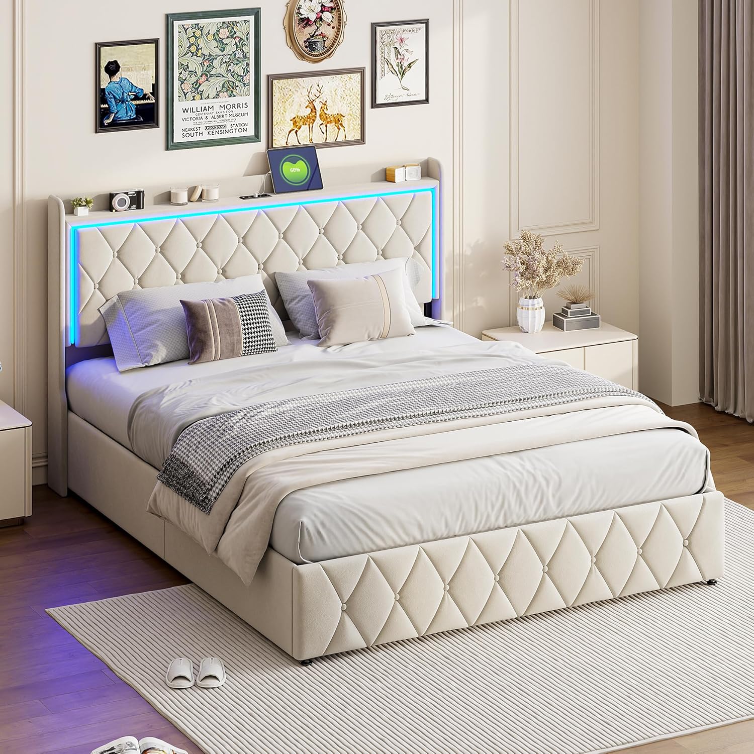 Lit coffre 160x200 cm LED USB tête de lit rangement velours