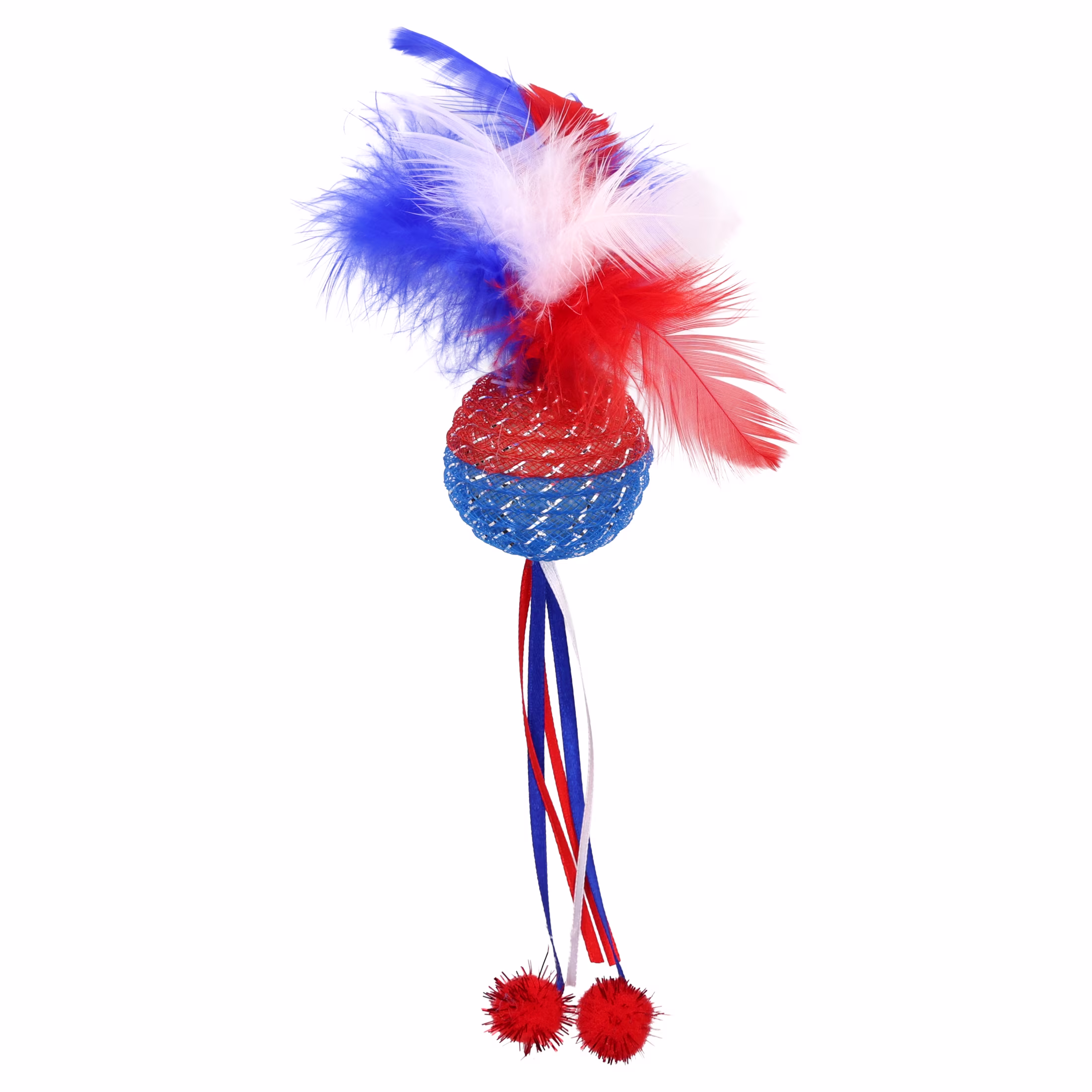 Vibrant Life Red/White/Blue Mesh Ball with Feathers Cat Toy
