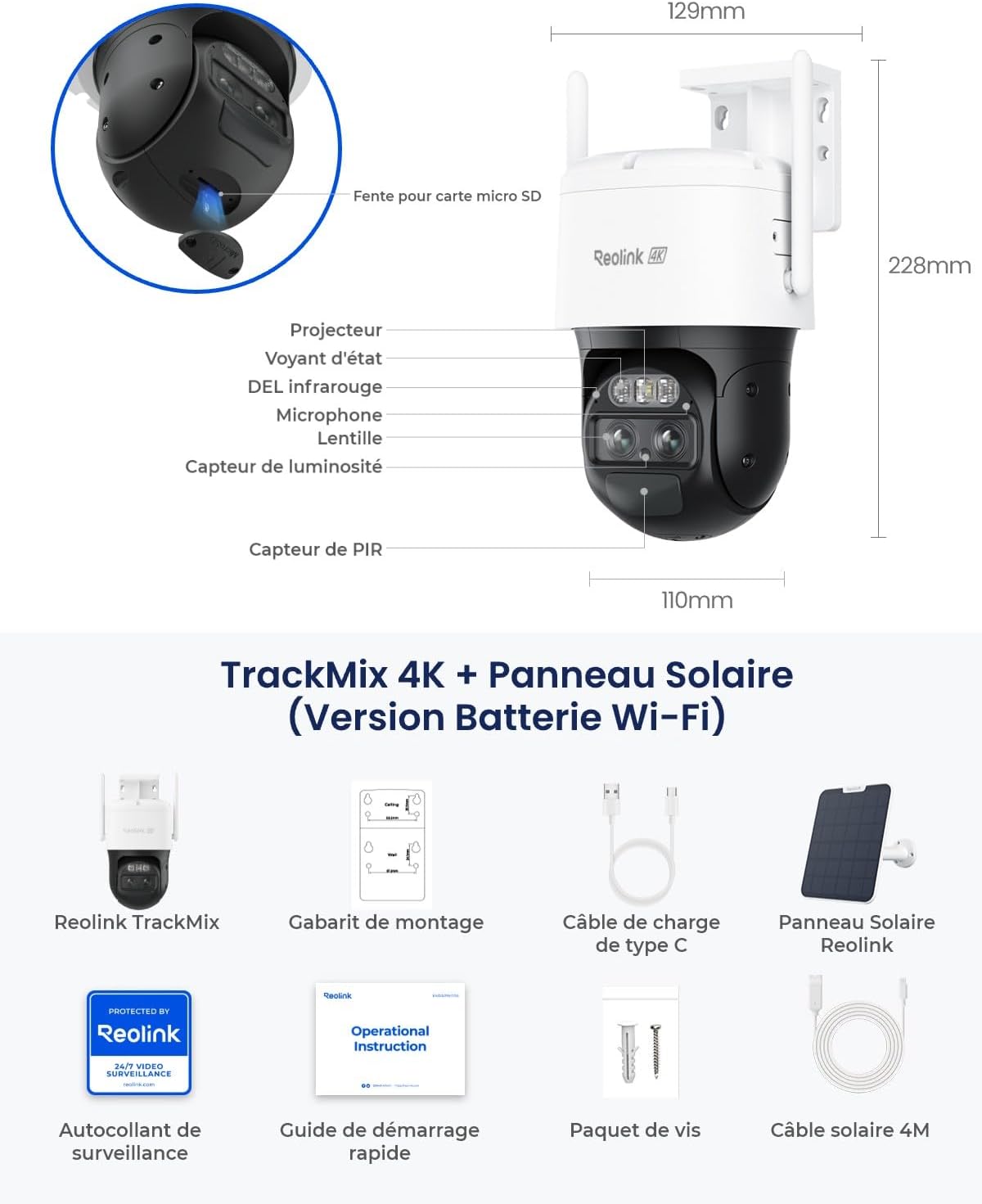 Caméra solaire 4K PTZ WiFi zoom 8X double objectif autonomie 180 jours