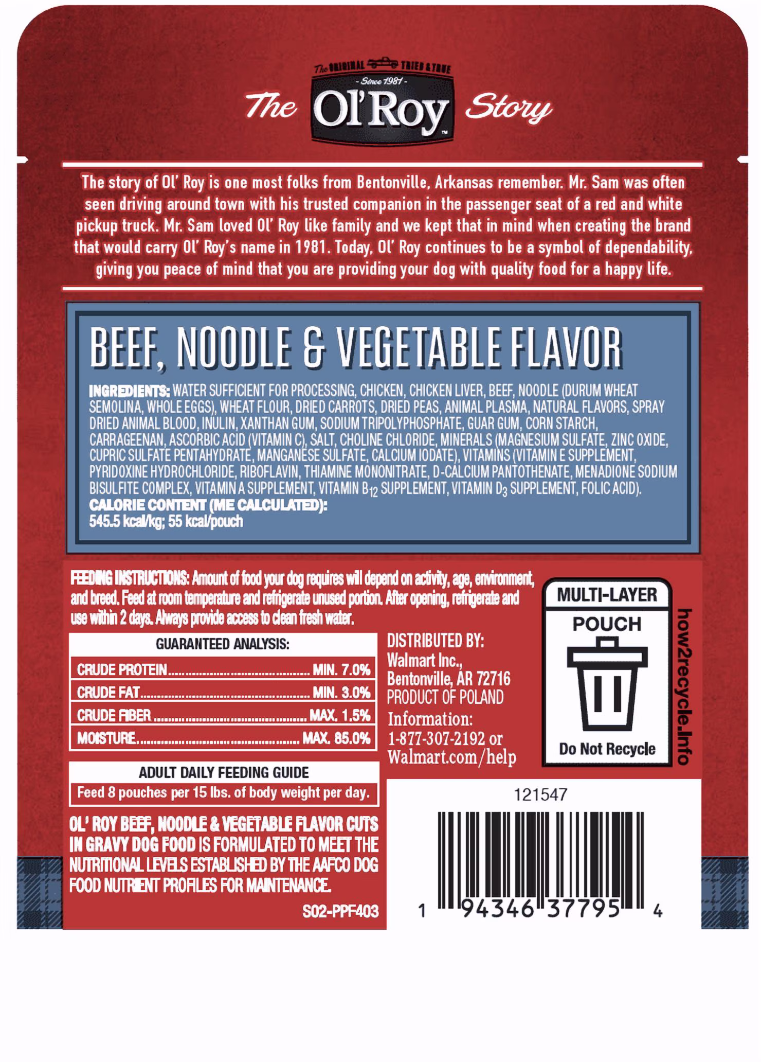 Ol' Roy Cuts-in-Gravy Beef, Noodle and Vegetable Flavor Dog Food, 3.5 oz Pouch