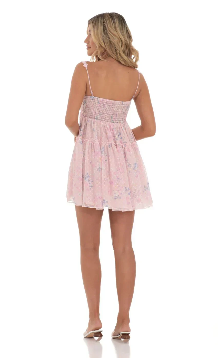 Dotted Floral Babydoll Dress in Pink