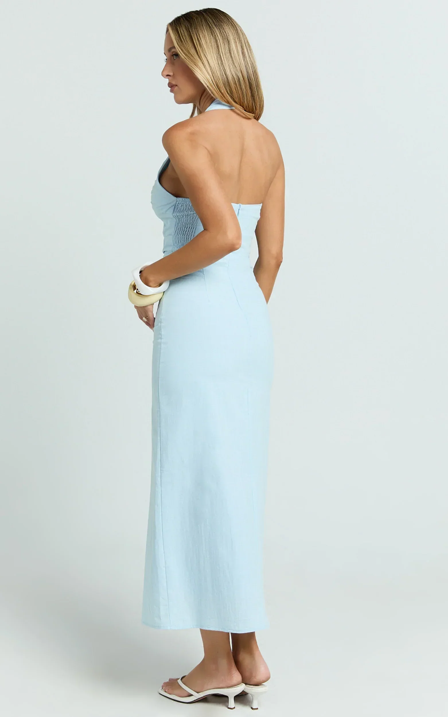 Murray Midi Dress - Deep U Halter Neck Dress in Pale Blue