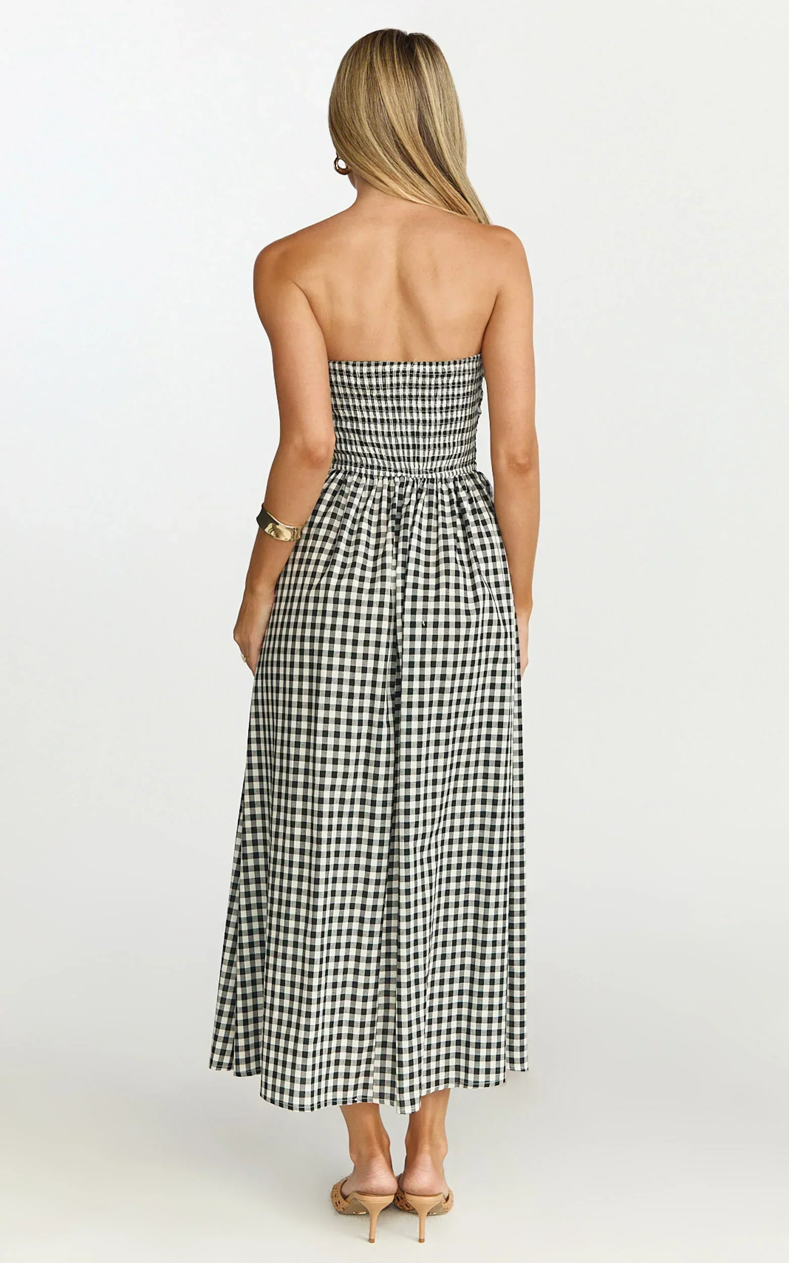Polly Midi Dress - Strapless Ruched Dress in Black Check