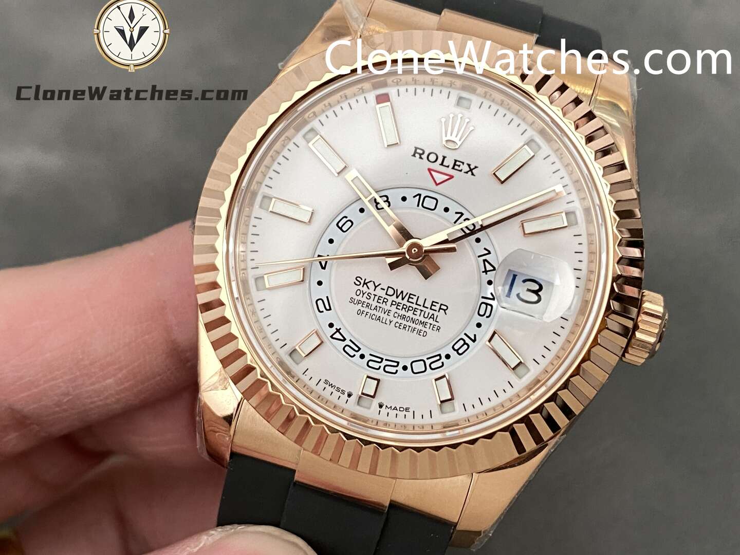 Rolex Super Clone Watch 1:1 Sky Dweller Rose Gold White Dial m336235-0003 42MM Rubber Strap