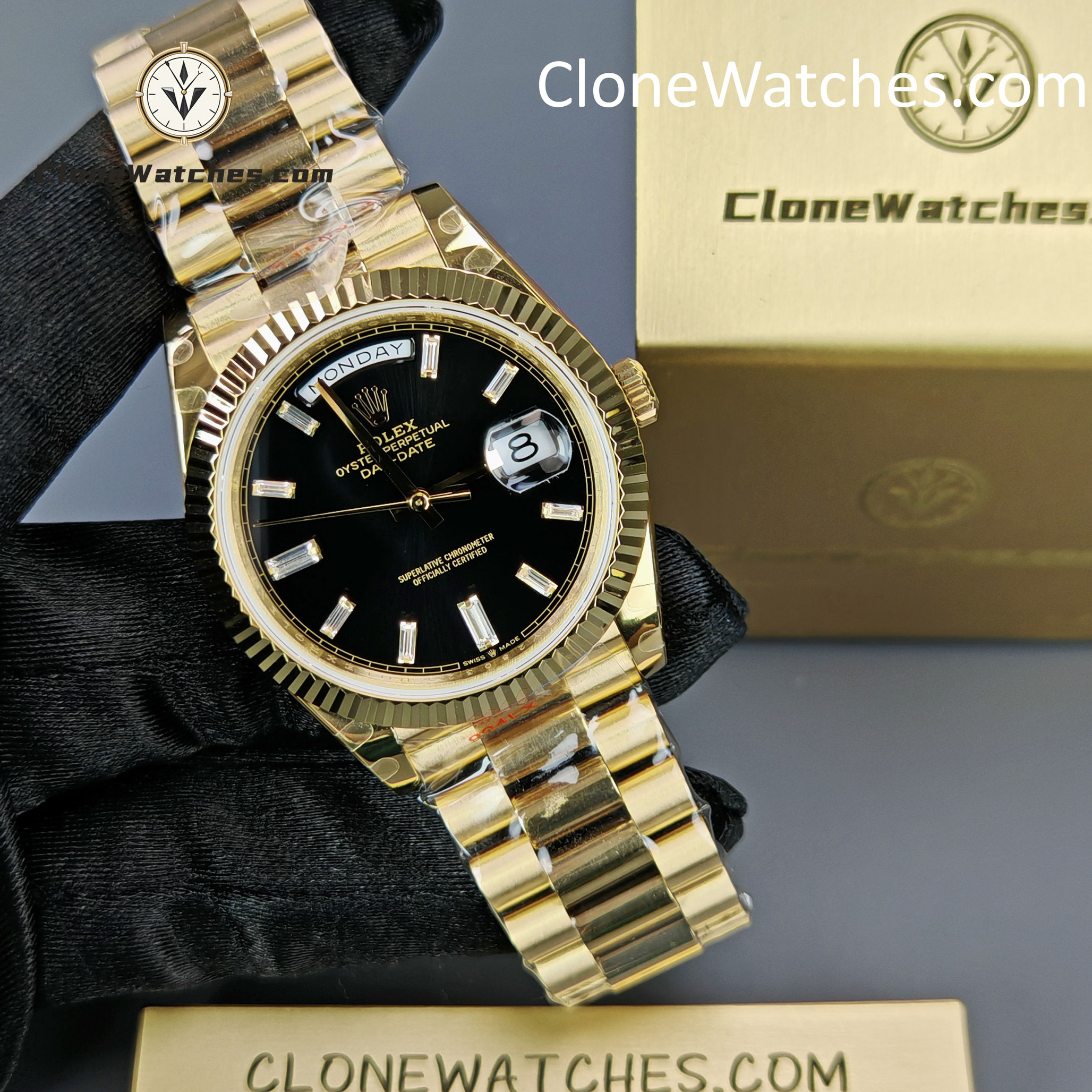 Rolex Super Clone Watches 1:1 Day Date 18K Gold Black Diamond Dial 40mm m228238-0059 3255 Movement