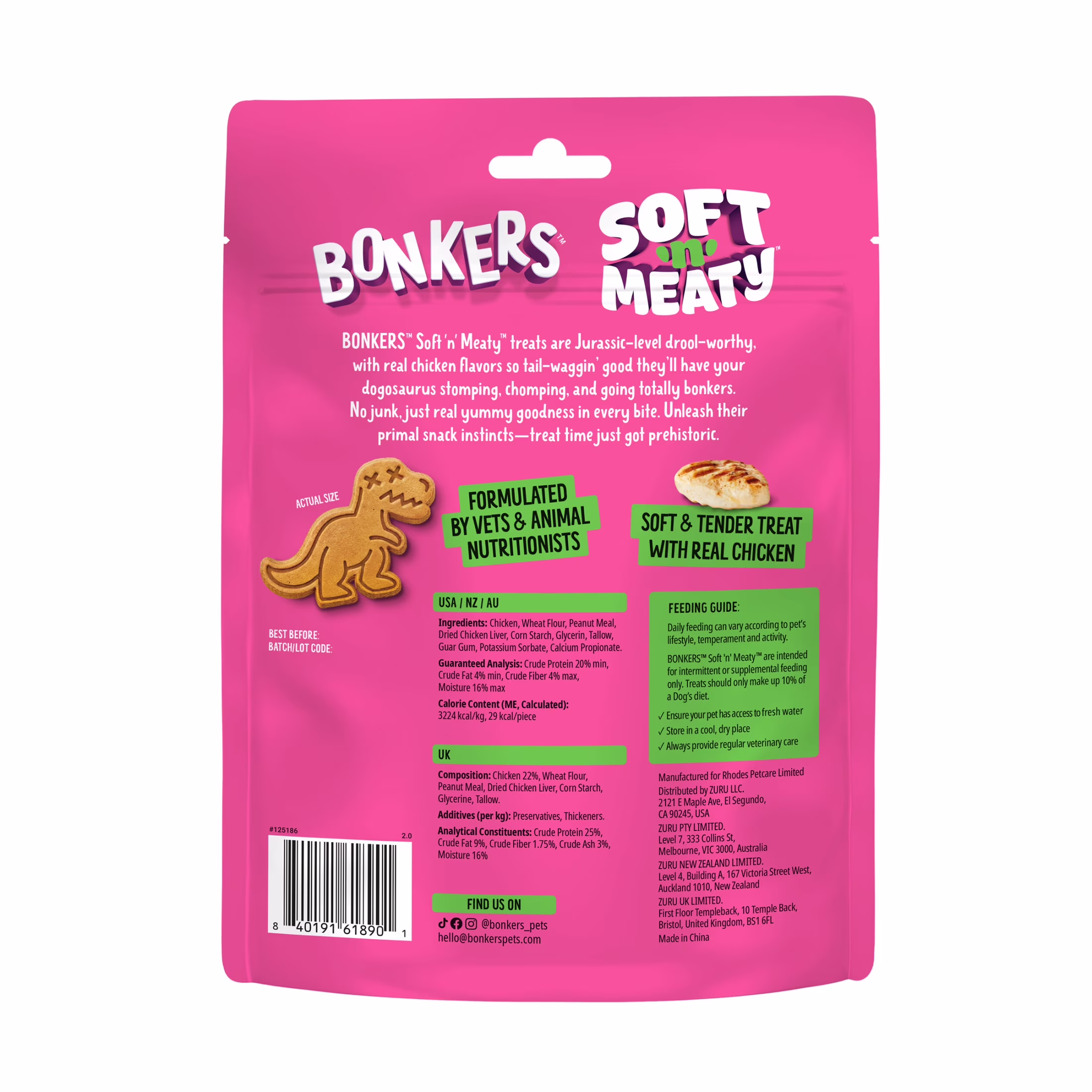 BONKERS Soft & Meaty Dog Treats Made with Real Chicken, Dinosaur Shapes, 5.6 oz Bag