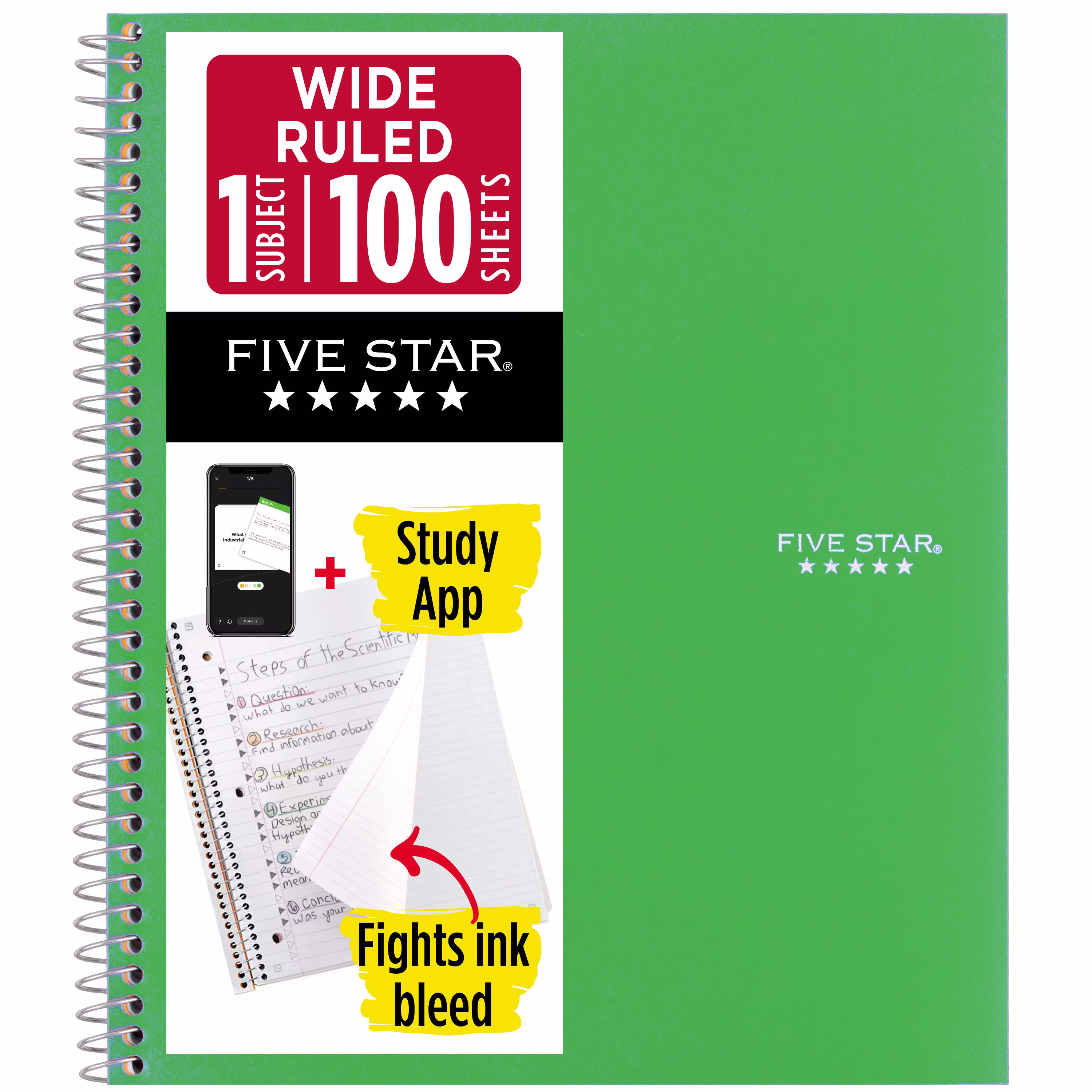 Five Star Spiral Notebook + Study App, 1 Subject, Wide Ruled, 8