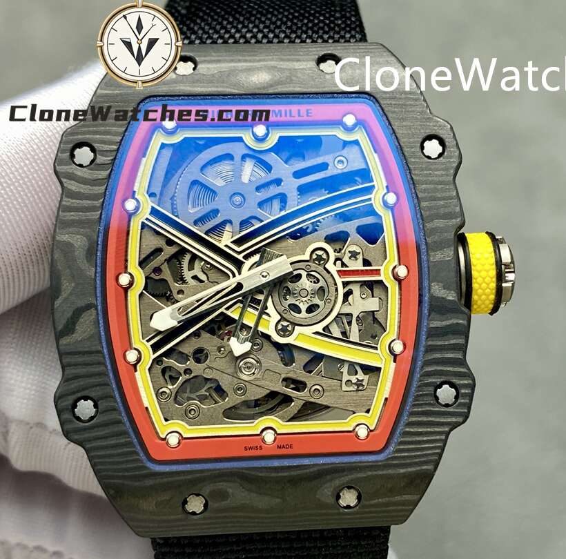 Richard Mille Super Clone Watches 1:1 RM 67 – 02 Carbon Tourbillon Red & Yellow Inner Bezel Black Strap