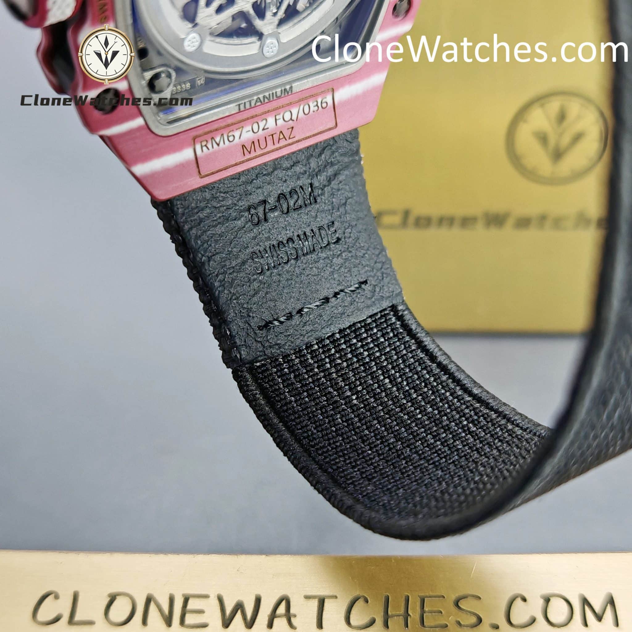 Richard Mille Super Clone Watches 1:1 RM 67 – 02 Red Carbon Tourbillon White Strap