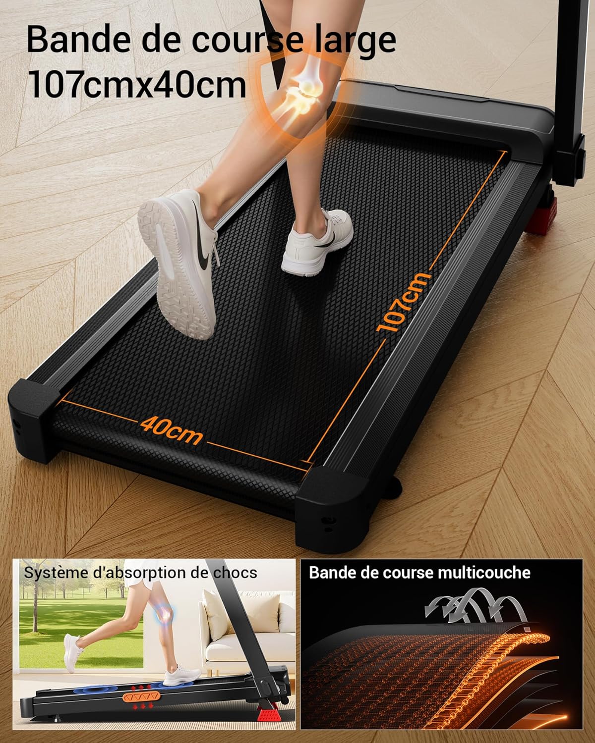Tapis de course pliable inclinable 16% 14 km/h surveillance fréquence cardiaque moteur 35 CV LED charge 180 kg