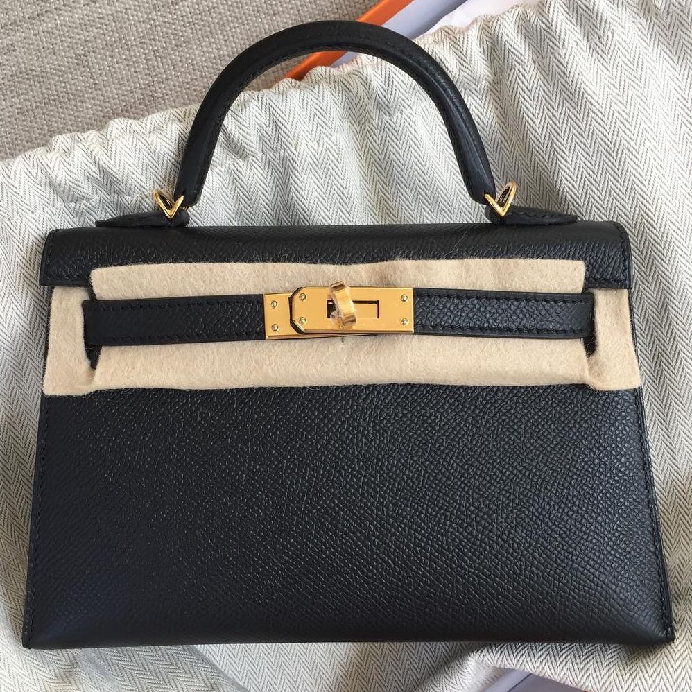 Hermes Kelly Sellier 20 Black Epsom Gold Hardware