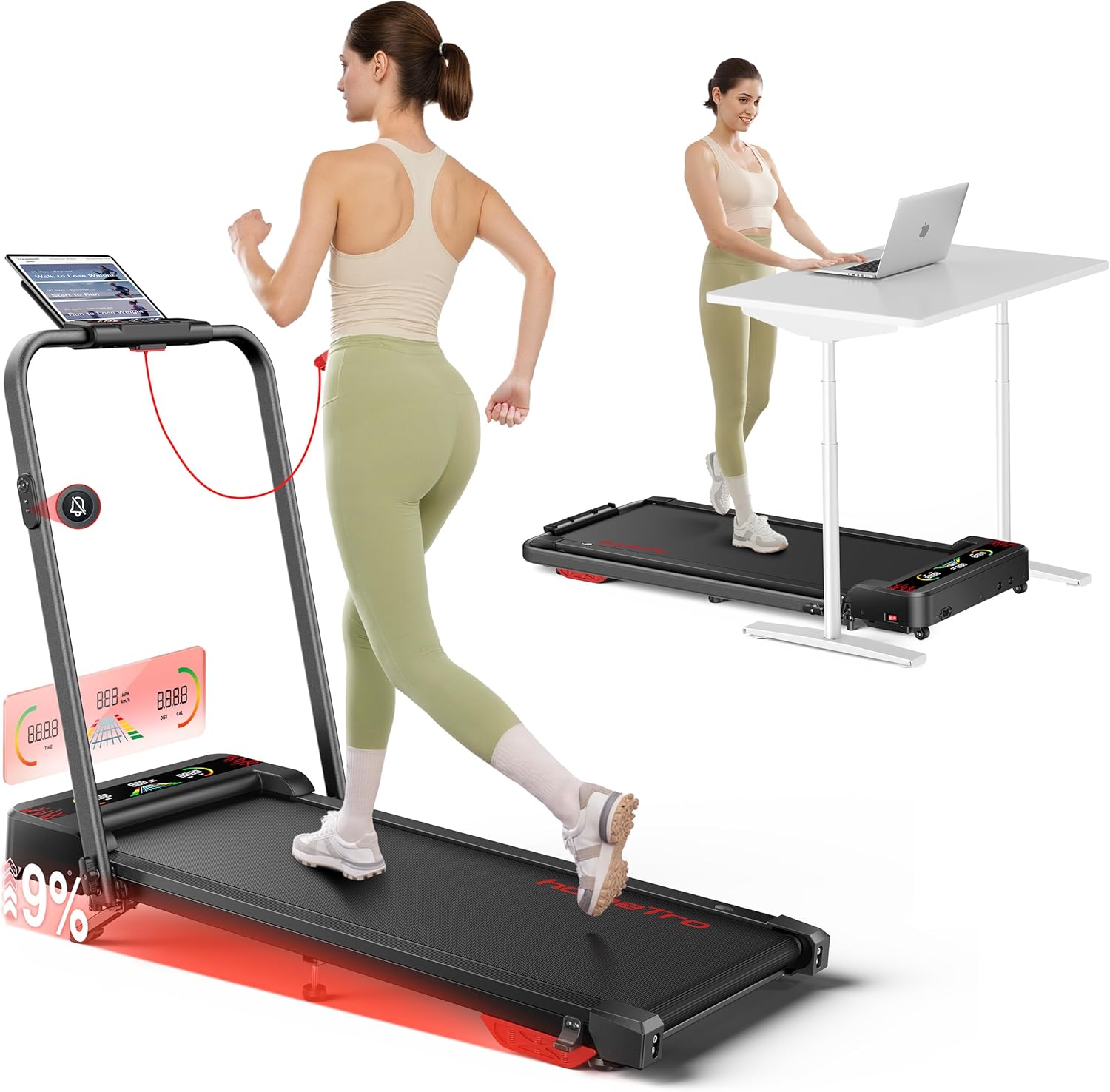 Tapis de course pliable 5 en 1 LED inclinable 9% moteur silencieux double écran 1 à 12 km/h compact maison bureau 120 kg
