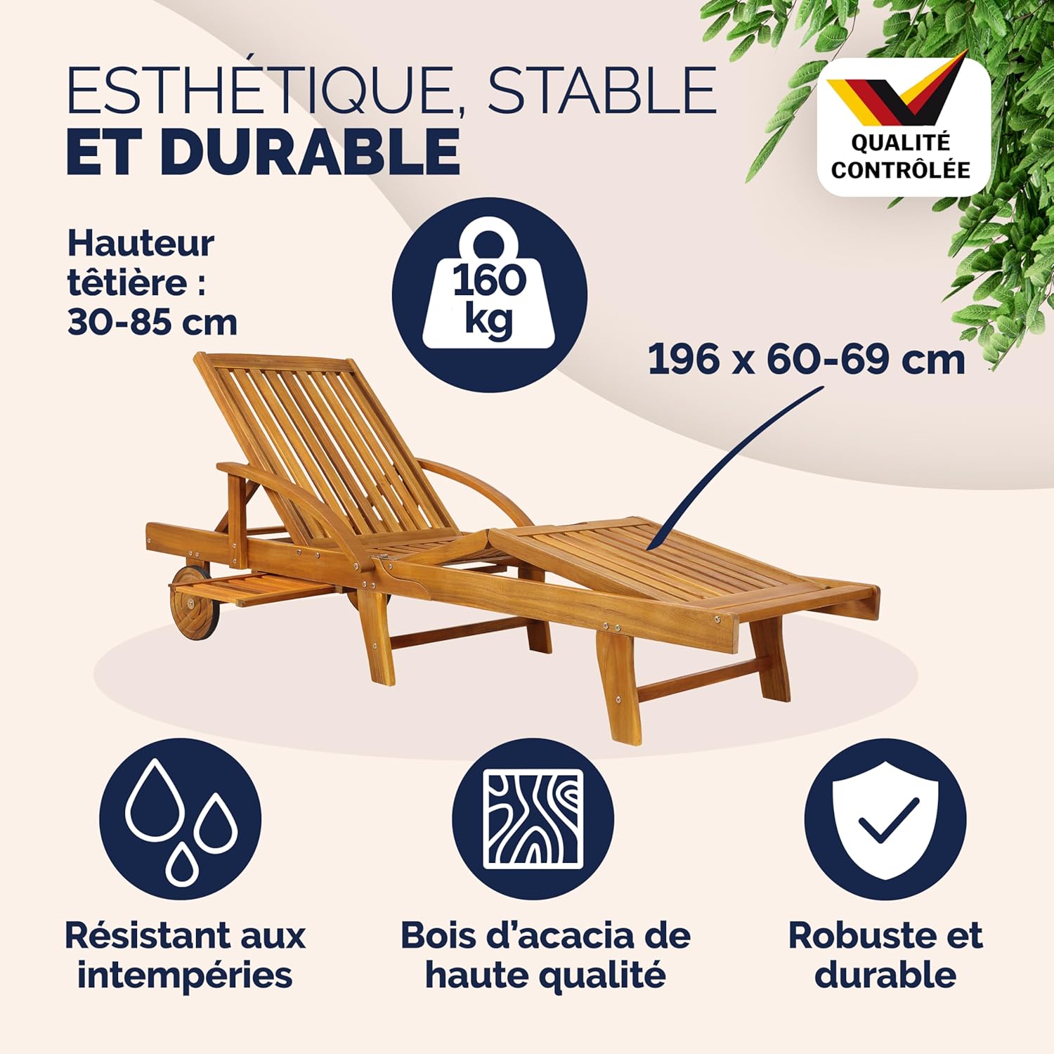 Chaises longues jardin Tami Sun bois acacia pliantes roues type transat bain de soleil