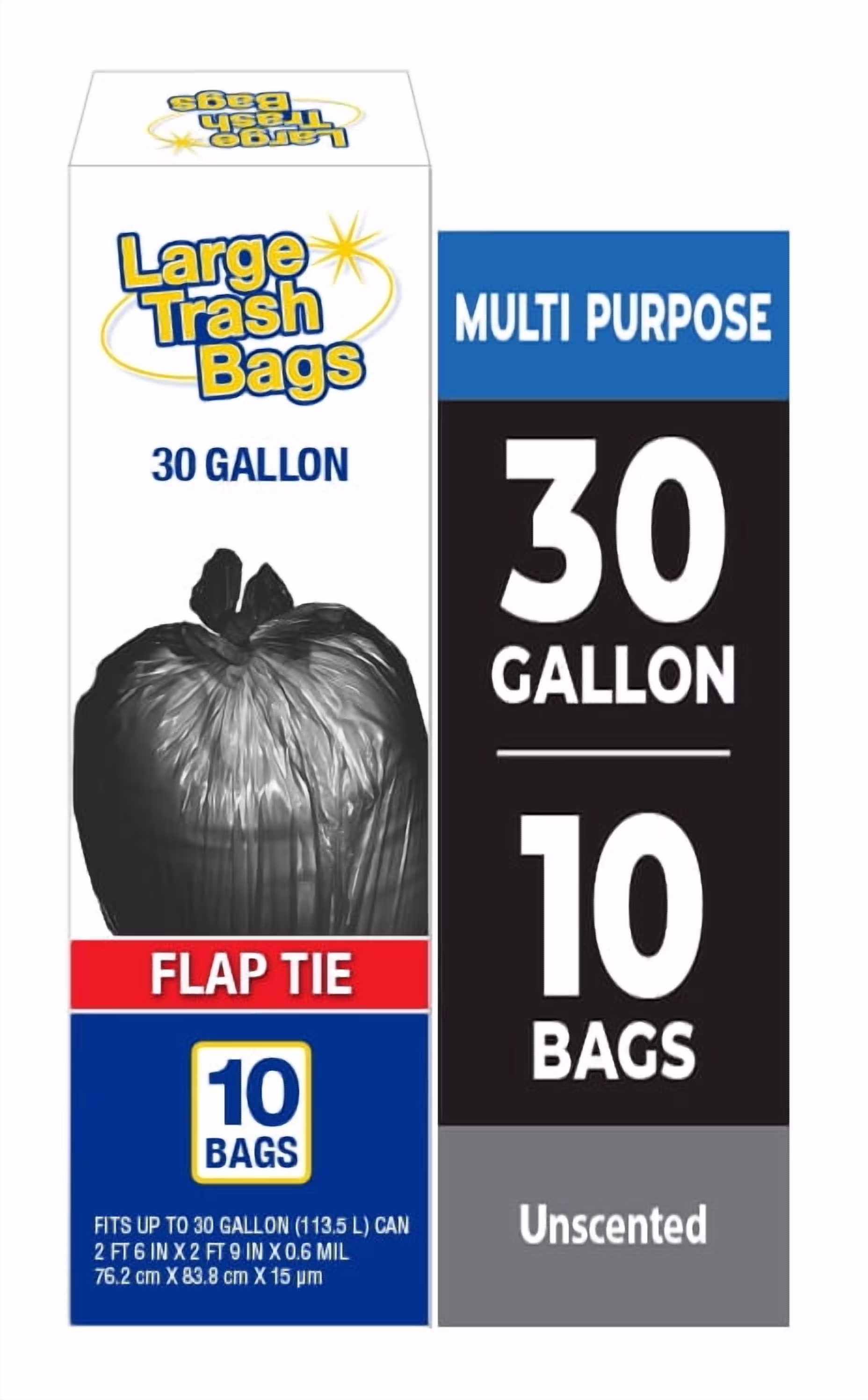 Basic Large Trash Bags, 30 Gallon, Flap Tie, 10 Bags