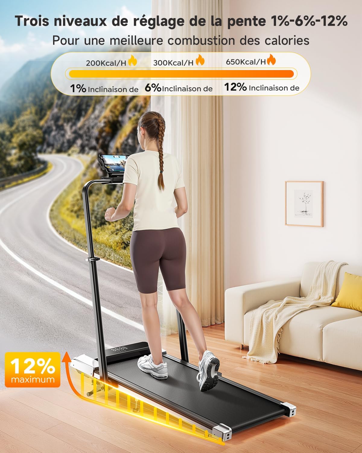 Tapis de course 6 en 1 pente 1 à 12% vitesse 12 km/h colonne télescopique 115 cm moteur 25 HP compact portable