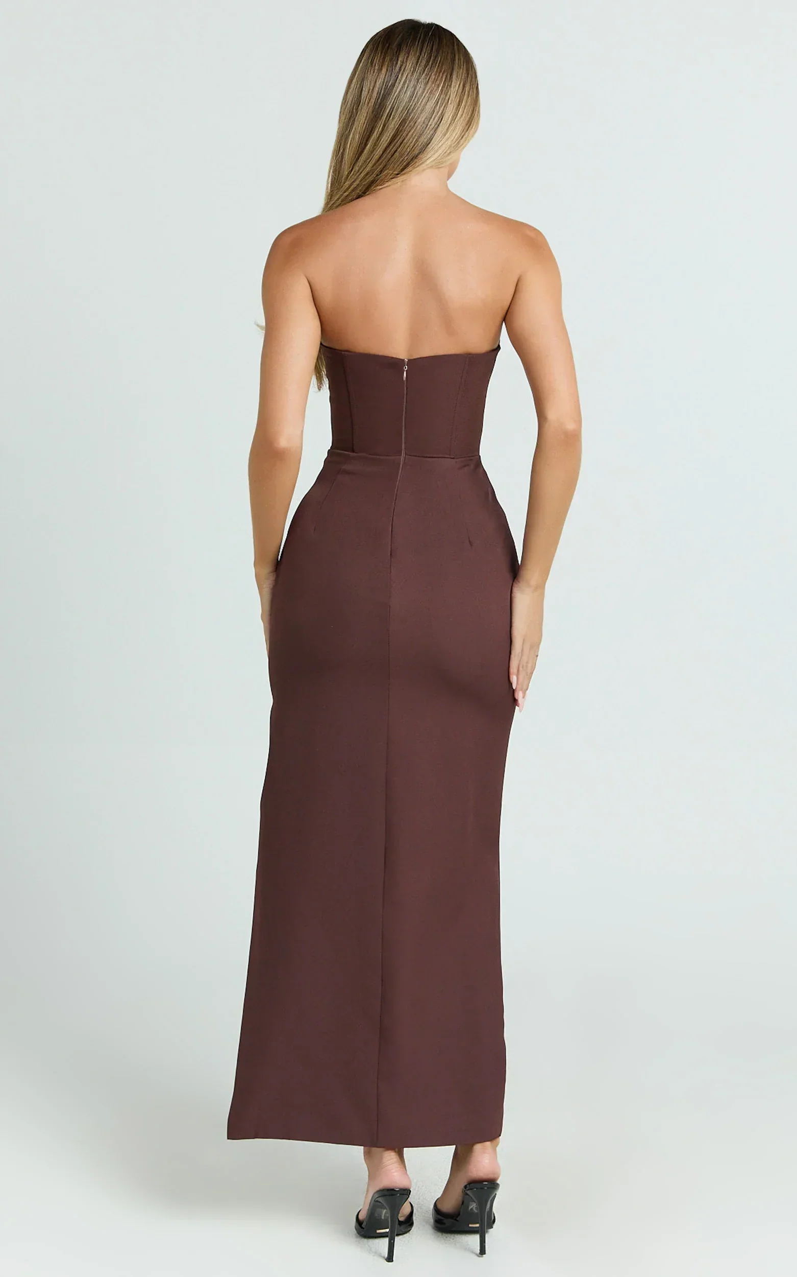 Avery Midi Dress - Strapless Draped Side Split Dress in Chocolate