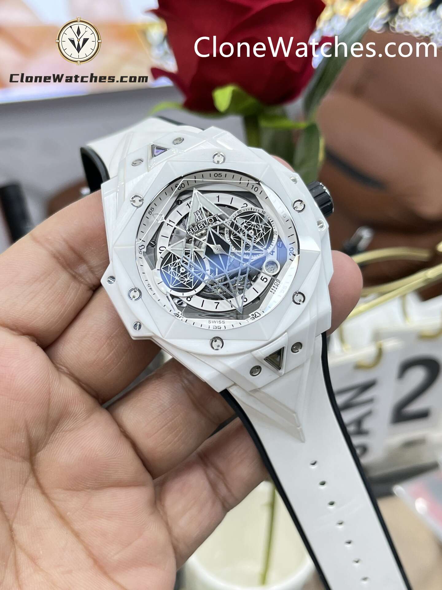 Hublot Super Clone Watches 1:1 Big Bang Unico Sang Bleu II White Ceramic 45MM 418.HX.2001.RX.MXM21