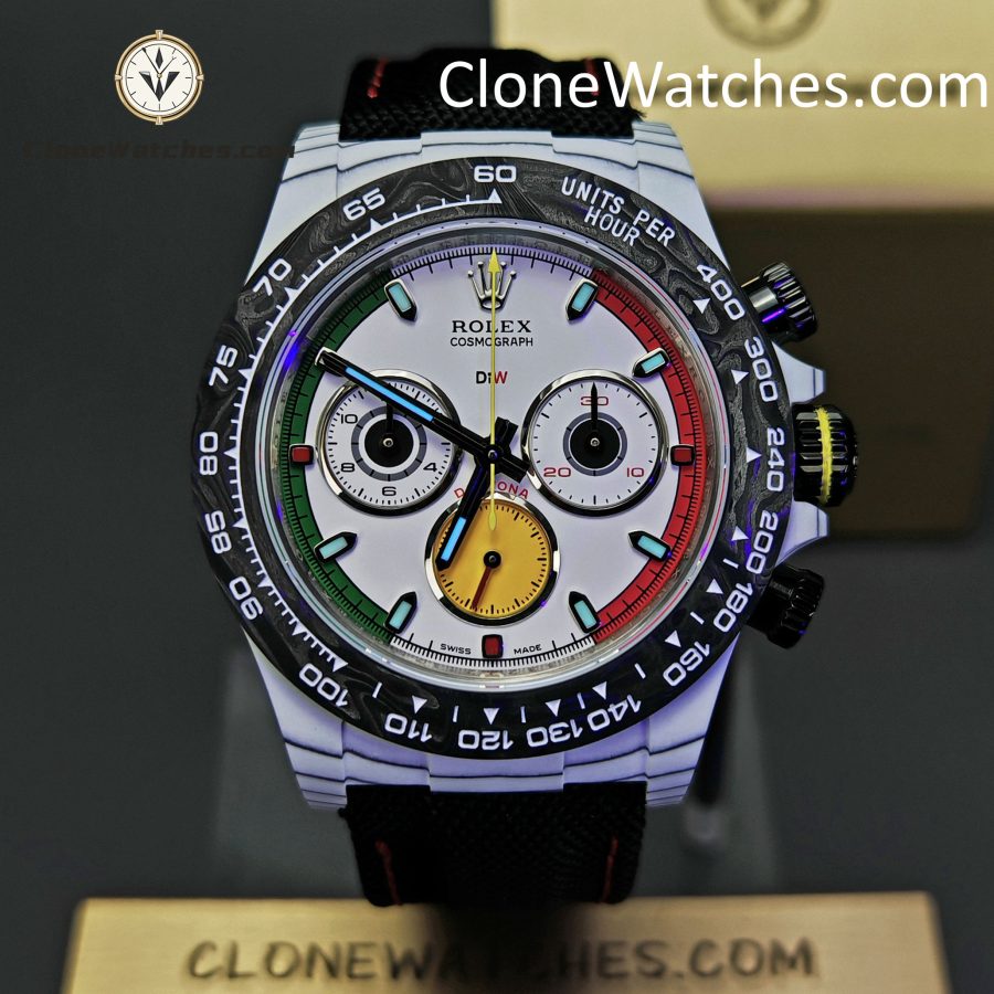 Modified Super Clone Watches 1:1 DiW Rolex Daytona CarboQuartz 4130 Movement Black Strap