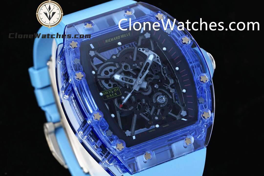 Richard Mille Super Clone Watches 1:1 RM 035 Blue Crystal Tourbillon Blue Strap