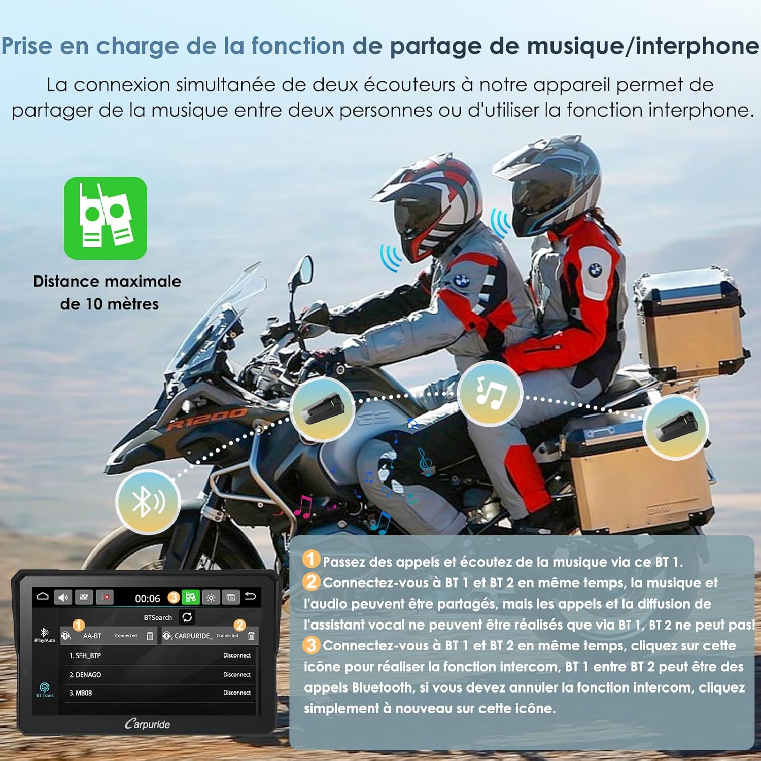 Écran moto CarPlay Android Auto 7 pouces étanche double Bluetooth