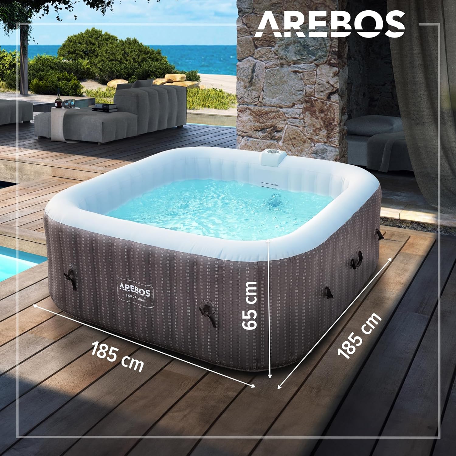 Spa gonflable 2400W extérieur 6 personnes 185 x 185 cm 130 buses massage 910 L chauffage gonflage bouton poussoir couverture incluse