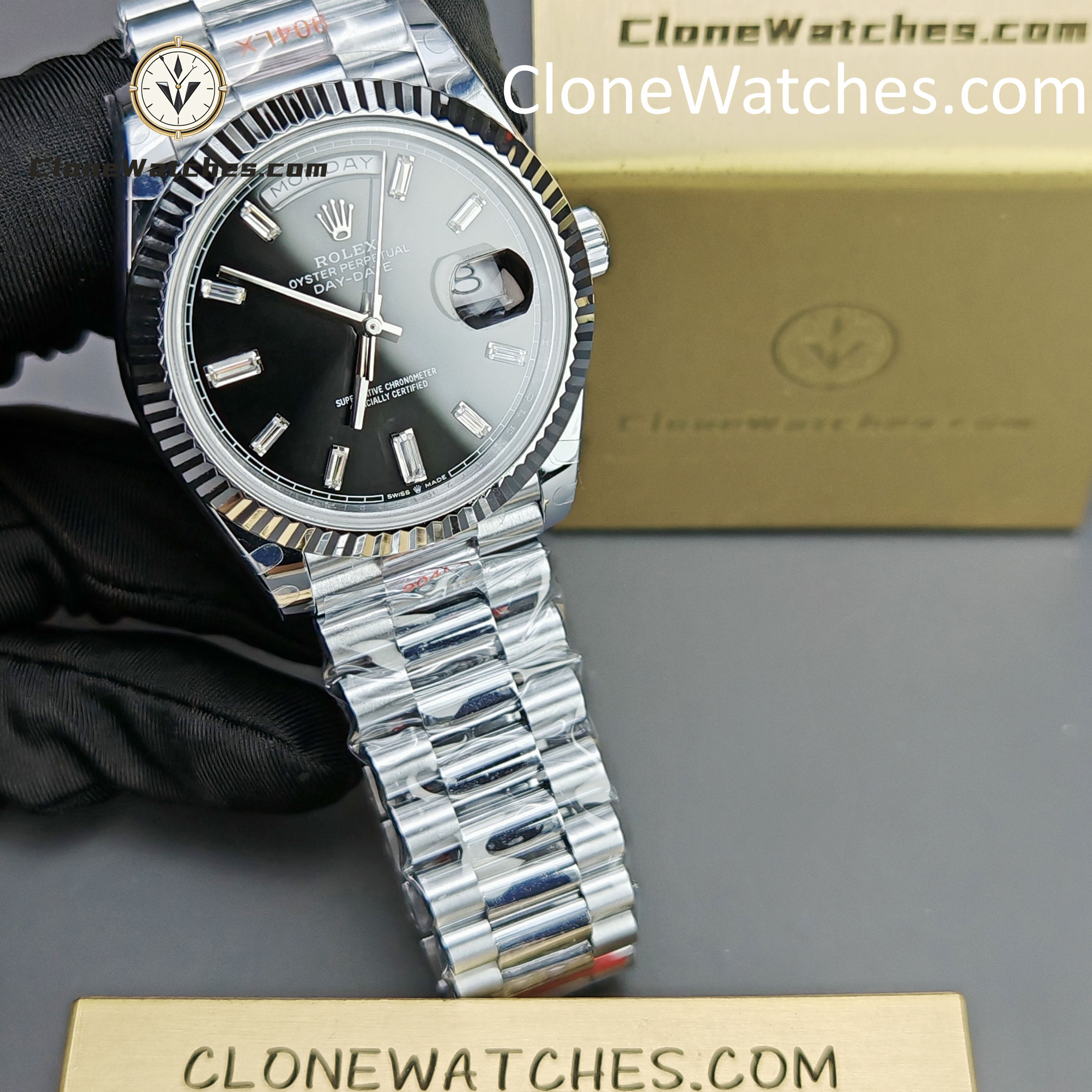 Rolex Super Clone Watches 1:1 Day Date Black Diamond Dial 40mm m228236-0004 3255 Movement