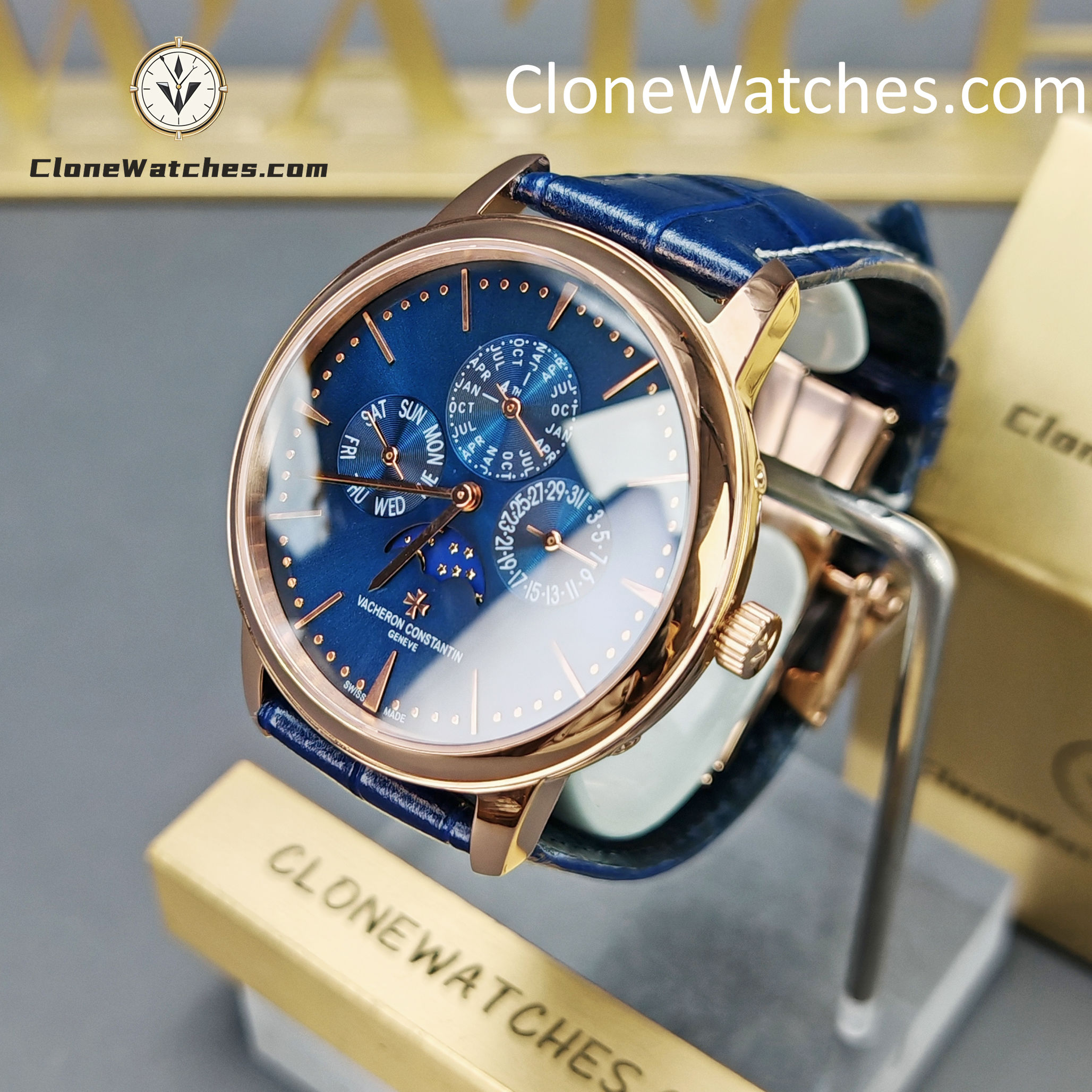 Vacheron Constantin Super Clone Watches 1:1 Patrimony Perpetual Calendar Rose Gold 43175/000R-B519 Blue Dial