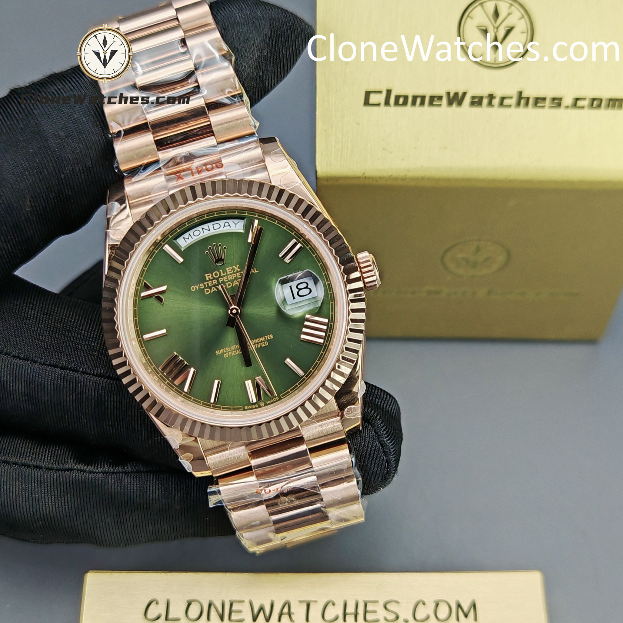 Rolex Super Clone Watches 1:1 Day Date 18K Rose Gold Olive Green Dial 40mm m228235-0025 3255 Movement