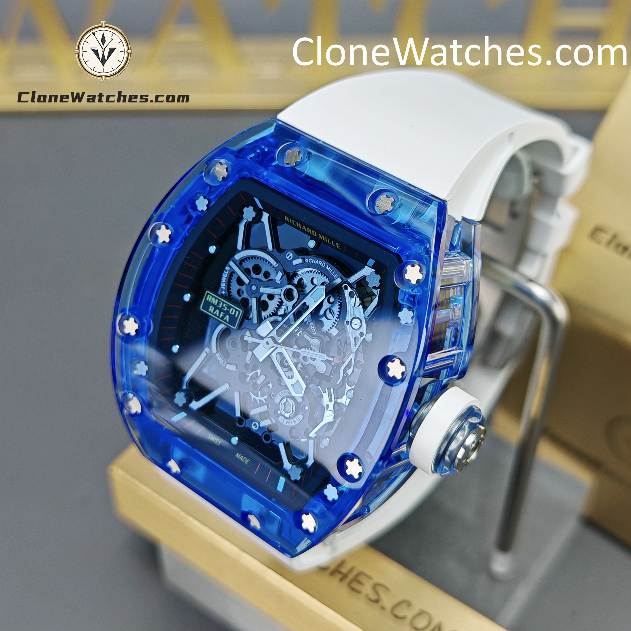 Richard Mille Super Clone Watches 1:1 RM 035 Blue Crystal Tourbillon Transparent Strap