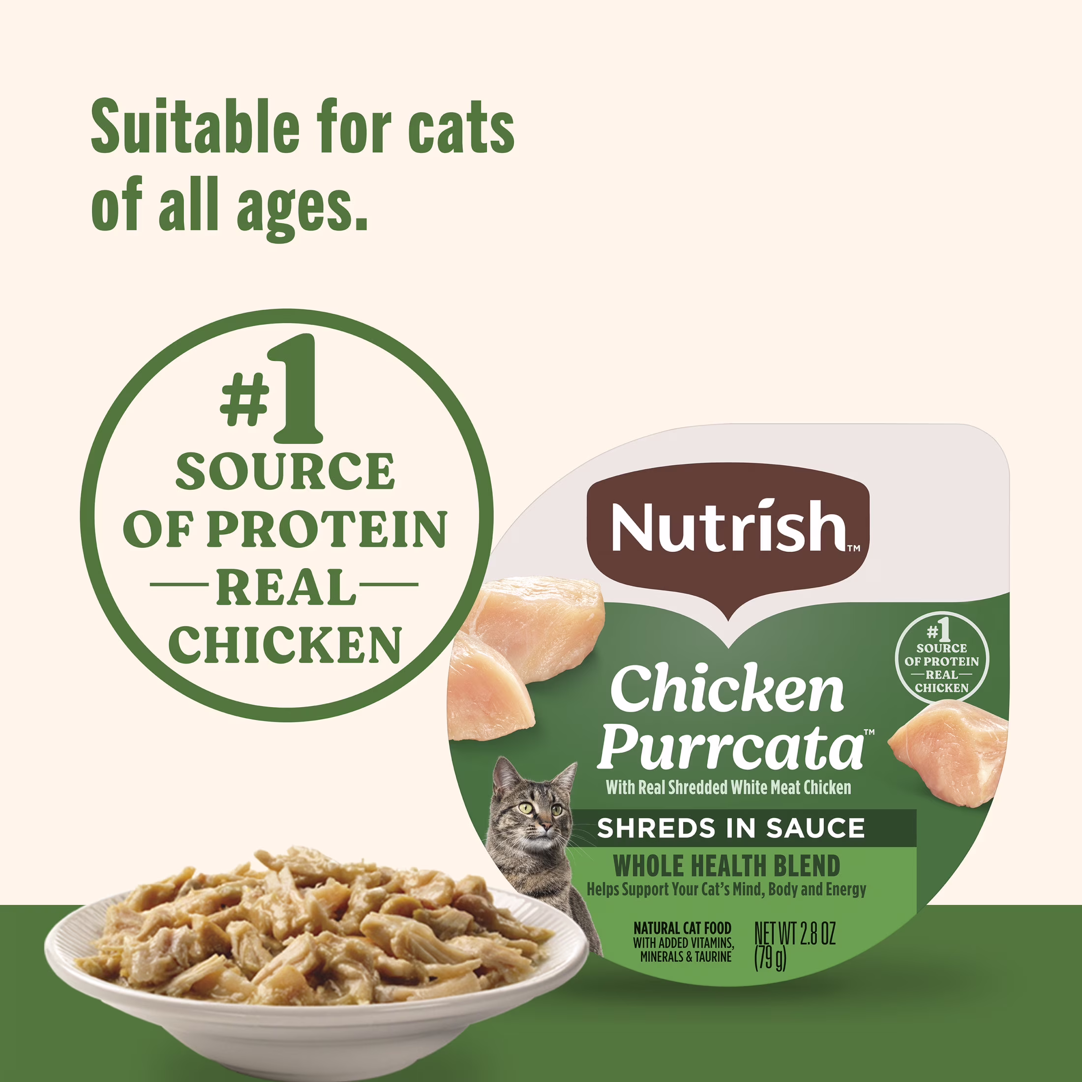 Nutrish Grain Free Wet Cat Food Chicken Purrcata Whole Health Blend with Real Shredded White Meat Chicken in Sauce, 2.8 oz. Cup (Rachael Ray)