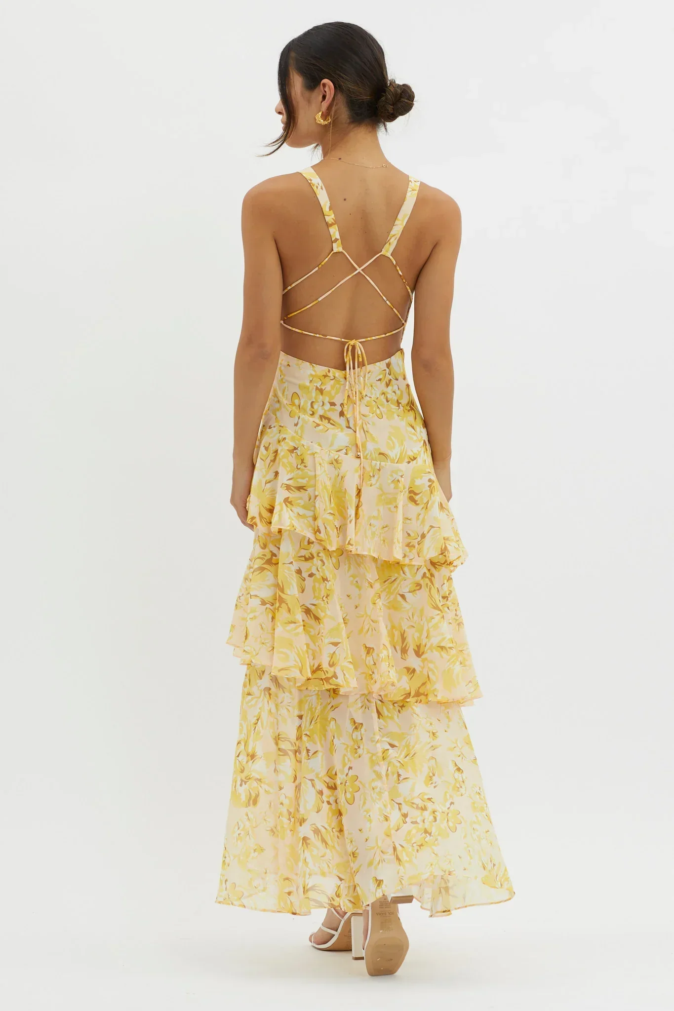 Veda Strappy Back Ruffle Midi Dress Floral Yellow