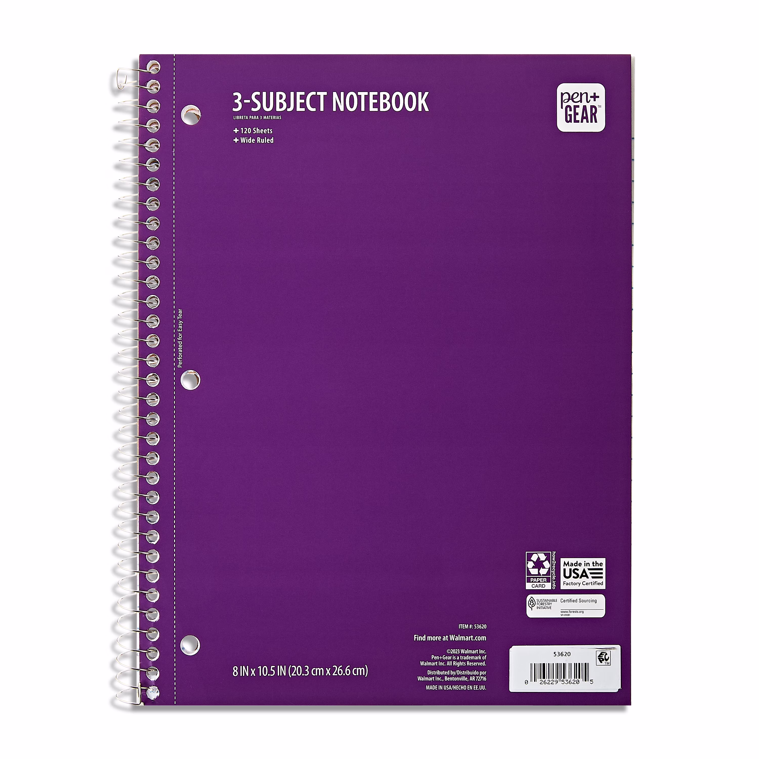 Pen+Gear Wide Ruled 3-Subject Notebook, 8 in x 10.5 in, Red, 120 Sheets