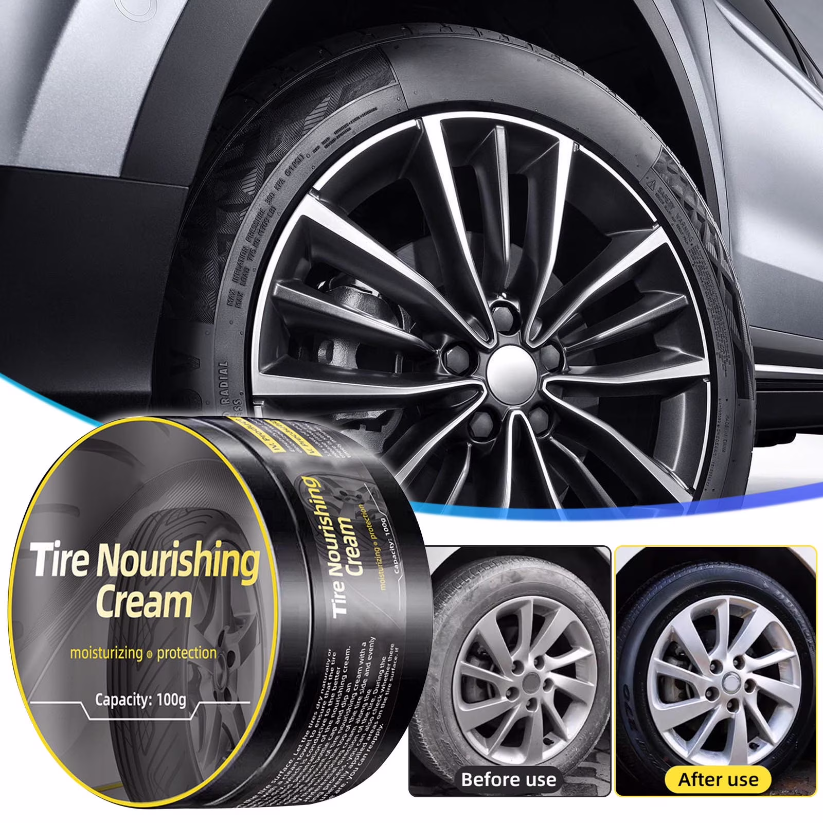 Weloille 1 Pc Tire Nourishing Cream, Anti-Fouling UV Resistant Tire Care Agent, Anti-Aging Long-Lasting Shine Coating, High Protection Gloss Gel for Cars, Trucks, SUVs, Motorcycle Maintenance