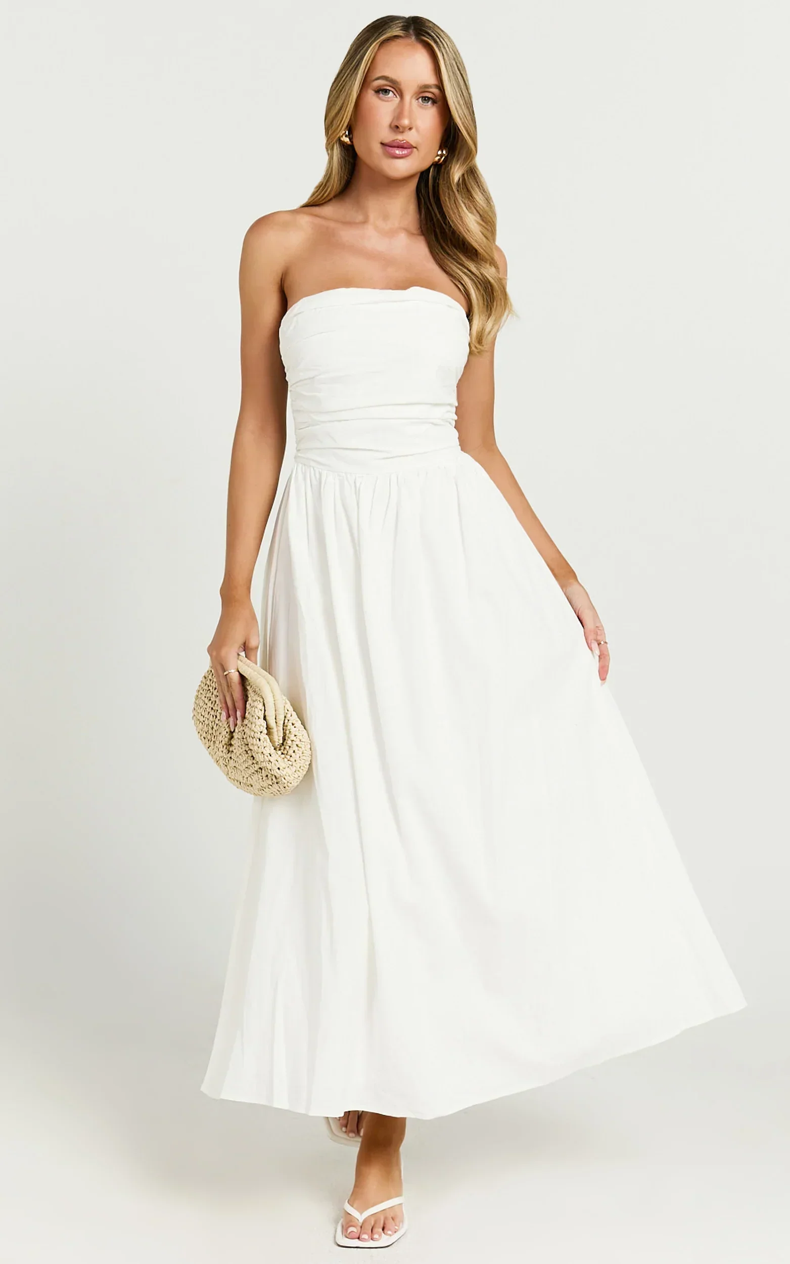 Polly Midi Dress - Strapless Ruched Dress in White