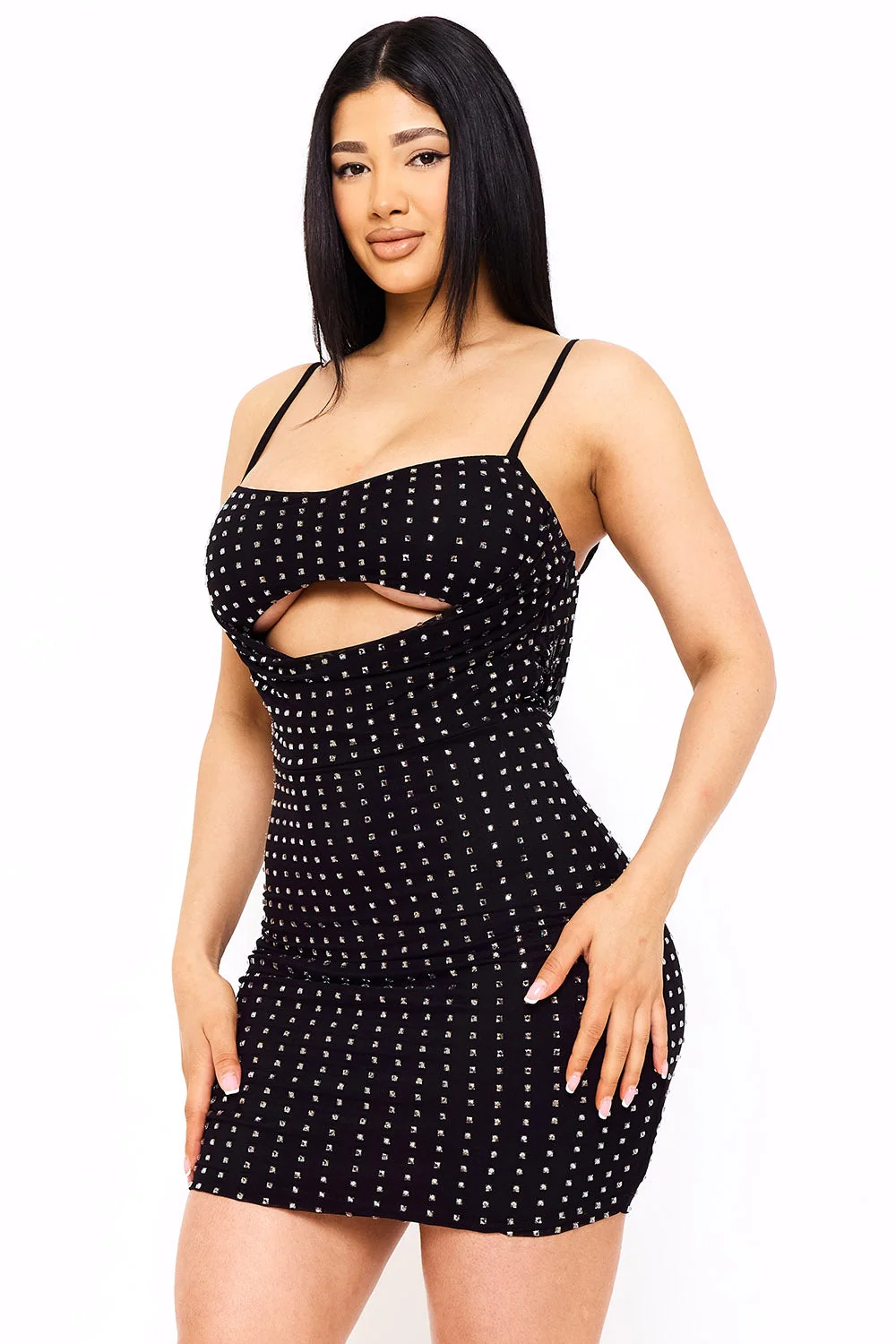 Symphony Dress - Rhinestone On Power Mesh Draped Front Mini Dress