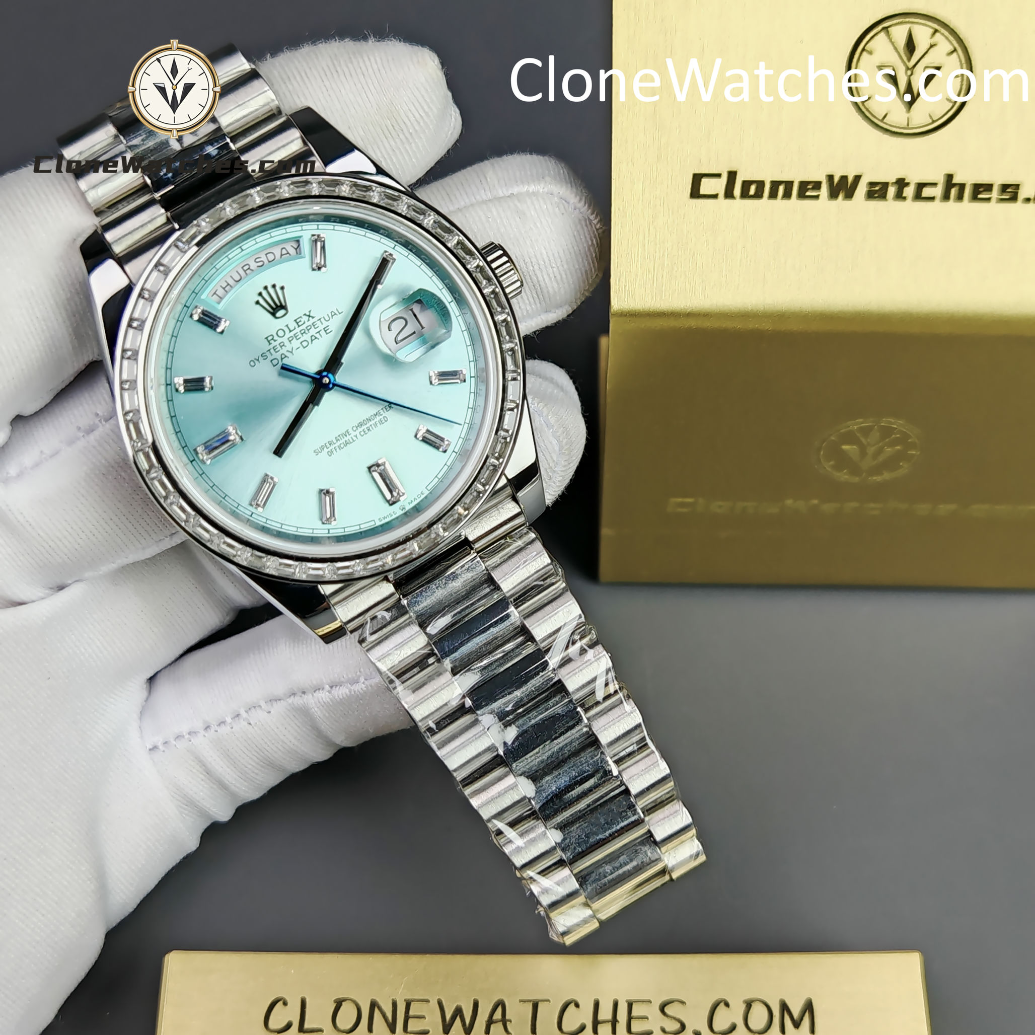 Rolex Super Clone Watches 1:1 Day Date Ice Blue Diamond Bezel Dial 40mm 228396TBR 3255 Movement