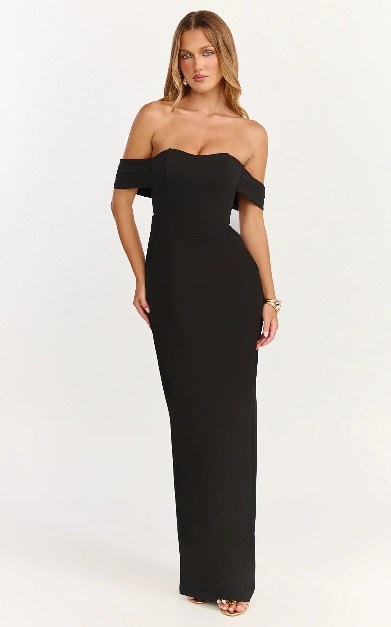 Karina Maxi Dress - Off Shoulder Corset Bodice Lace Up Back Dress in Black