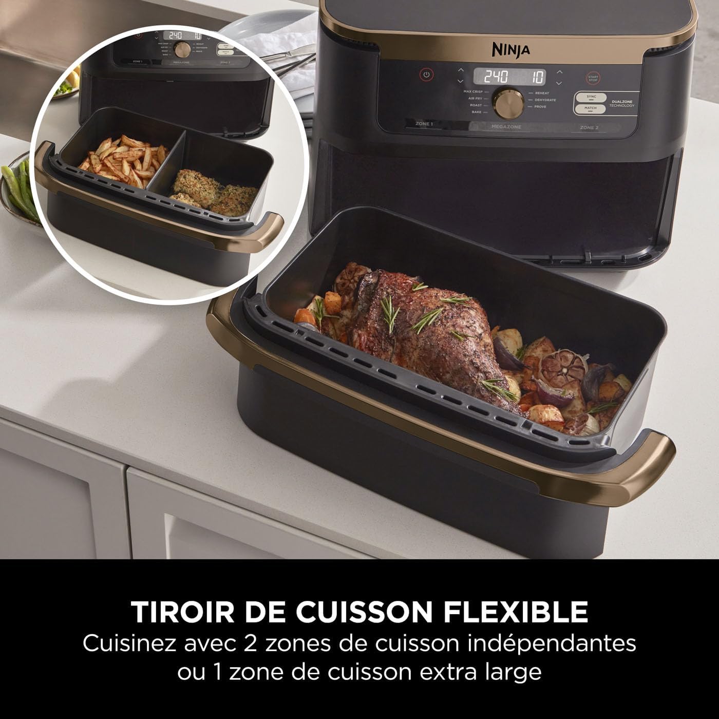 Friteuse air chaud Foodi FlexDrawer 104 L dual zone séparateur amovible 7 en 1 pièces antiadhésives lavables noir cuivre AF500EUCP
