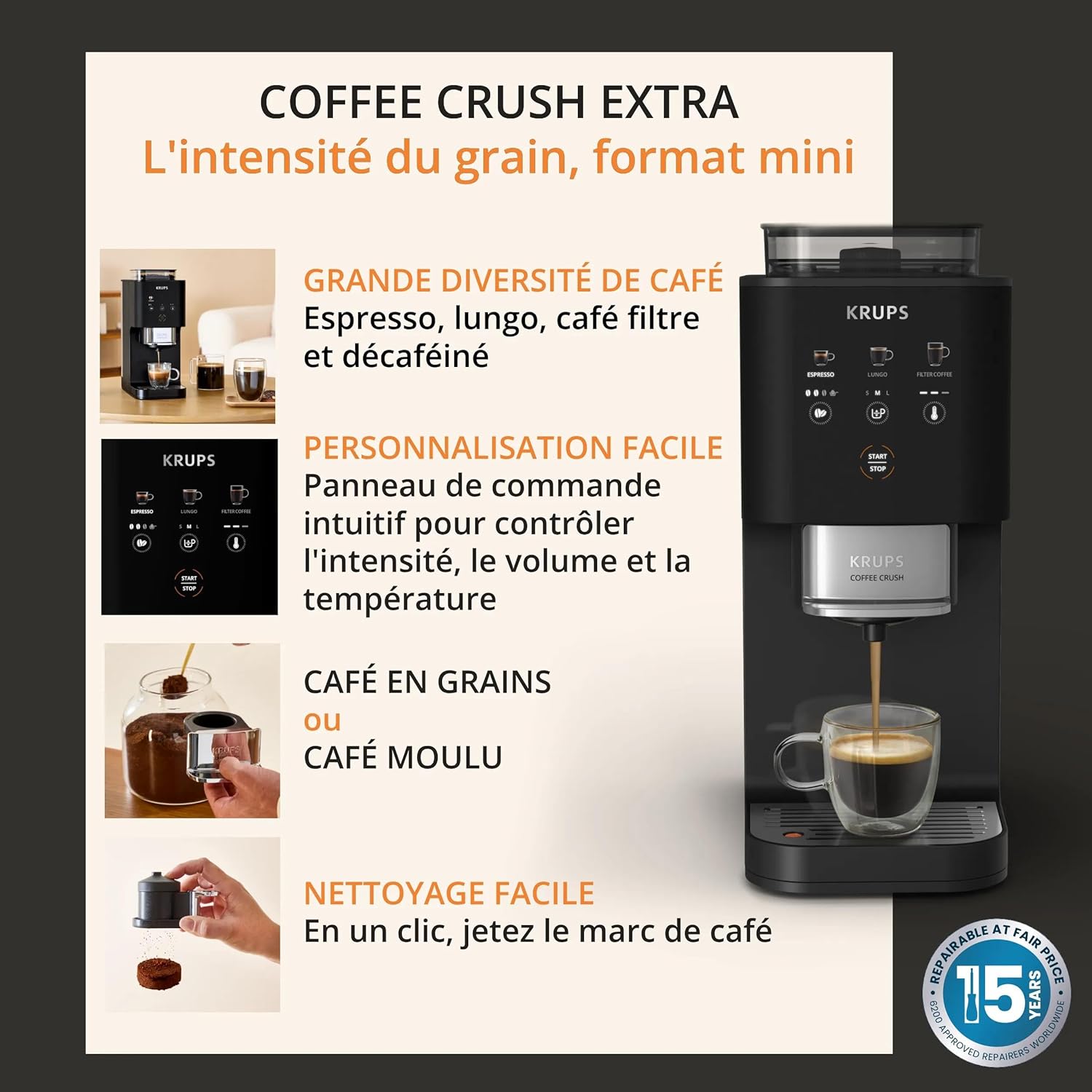Machine café grains Coffee Crush Extra compacte nettoyage facile noir