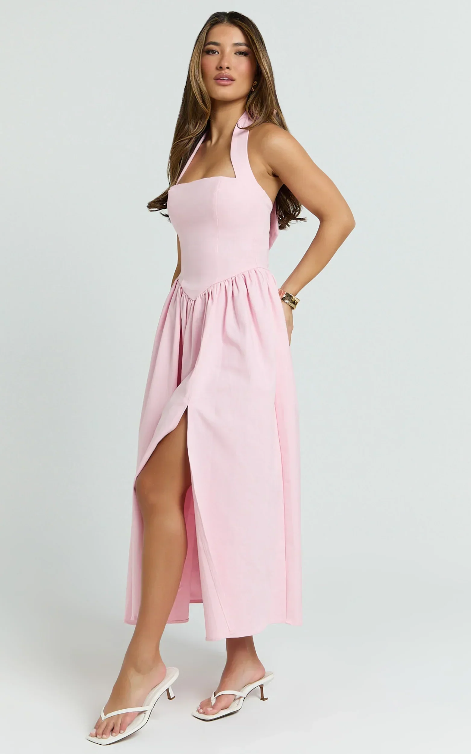 Helda Midi Dress - Halter Tie Neck Corset Panel Dress in Pink